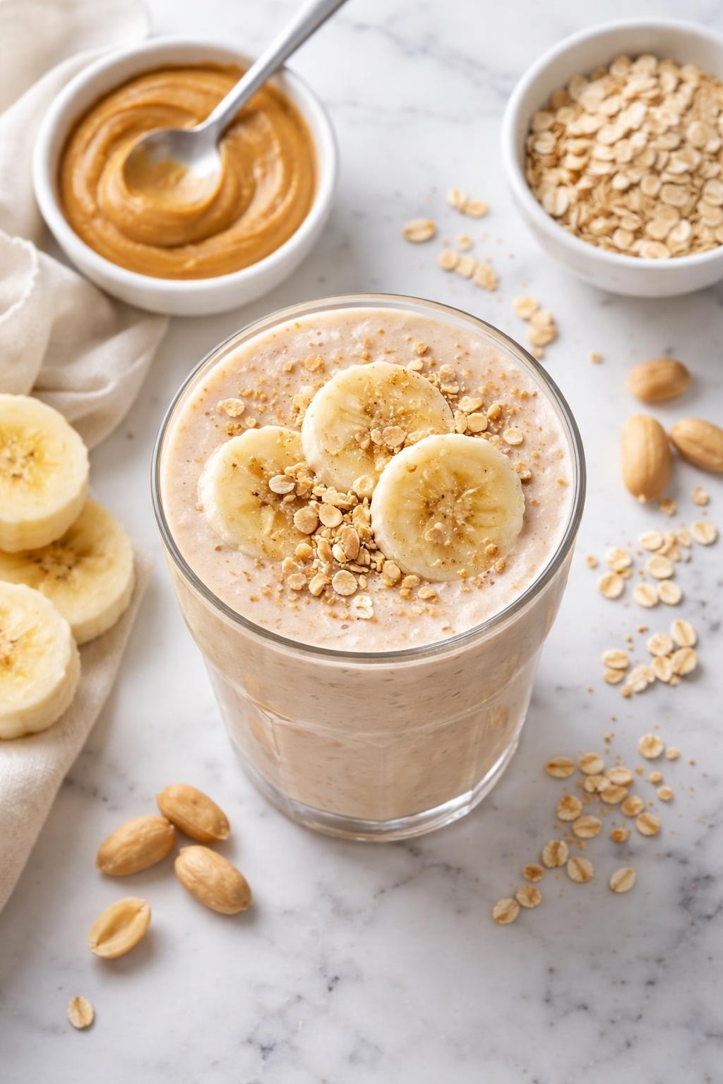 Realistic top-down food photography of a frozen banana peanut butter smoothie in a clear glass on a clean white marble countertop. The smoothie is pale tan, thick, creamy, and frosty, styled with frozen banana slices, a spoon of peanut butter in a plain dish, rolled oats, and a few peanuts nearby. Soft natural window lighting, cozy breakfast snack styling, realistic creamy texture, high detail, no people, no hands, no text, no watermarks, no props with writing.