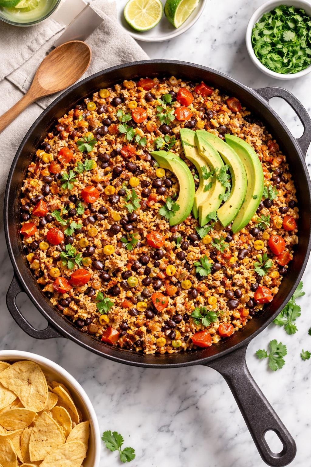 Image Prompt: Top-down realistic editorial food photography of a homemade vegan TVP taco skillet on a clean white and gray marble countertop, seasoned TVP mixed with black beans, corn, diced tomatoes, bell peppers, and rice in a rustic skillet, garnished with chopped cilantro and avocado slices, warm homemade dinner mood, bright natural window lighting, soft shadows, clean composition, high detail, realistic food texture, no people, no hands, no text, no watermarks, no props with writing.