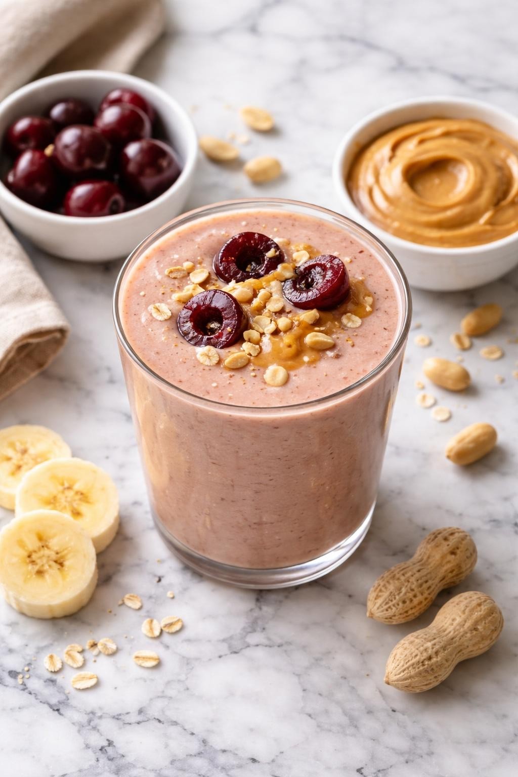 Realistic top-down editorial food photography of a cherry peanut butter smoothie in a clear glass on a clean white and gray marble countertop. The smoothie is muted pink-tan, thick, creamy, and smooth, styled with pitted cherries, peanut butter in a plain dish, banana slices, and a few peanuts nearby. Soft natural window lighting, cozy snack smoothie styling, high detail, realistic thick texture, no people, no hands, no text, no watermarks, no props with writing.