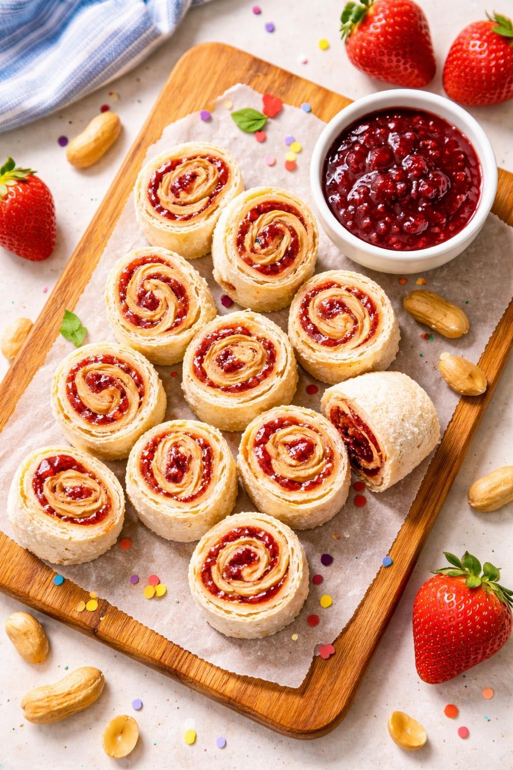 "Top-down realistic photo of a cutting board with peanut butter and jelly sandwiches rolled up and sliced into rounds, looking like sushi rolls. A small bowl of raspberry jam for dipping. Bright playful light, fun lunchbox idea, no people, no hands, no text, no watermarks."