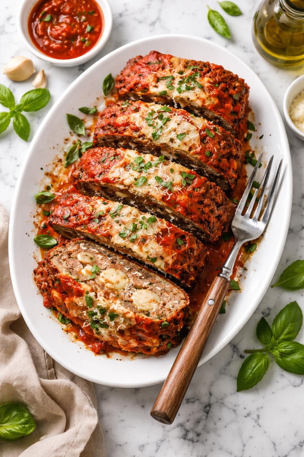 An overheard picture view of a plate of Easy Italian Meatloaf with Sausage and Mozzarella sitting on a marble countertop table in the kitchen, professional food photography style.