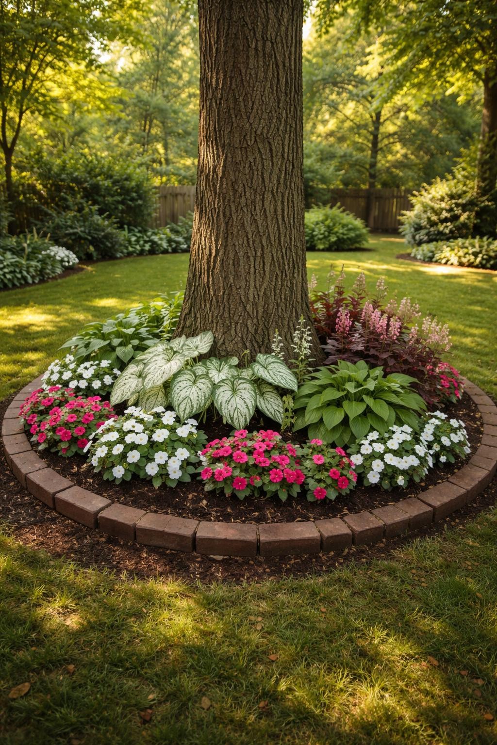 Image Prompt: A small circular flower bed around the base of a mature tree, filled with shade-friendly impatiens, hostas, coral bells, and white caladiums, dark mulch, low brick edging, dappled sunlight through tree leaves, cozy backyard setting, realistic home garden photo, no people, no text, no watermark.