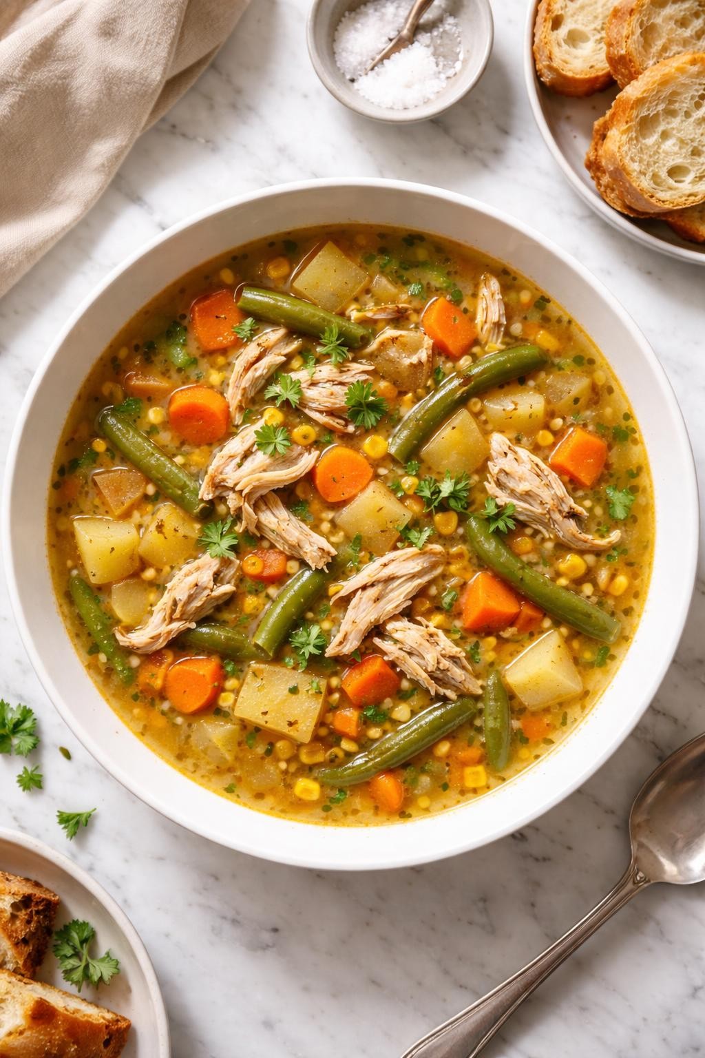 Image Prompt: Realistic top-down editorial food photography of chicken thigh vegetable soup in a wide white bowl on a clean marble countertop, rich broth filled with shredded chicken thighs, carrots, celery, potatoes, green beans, and corn, cozy homemade family dinner mood, bright natural daylight, no people, no hands, no text, no watermarks, no props with writing.