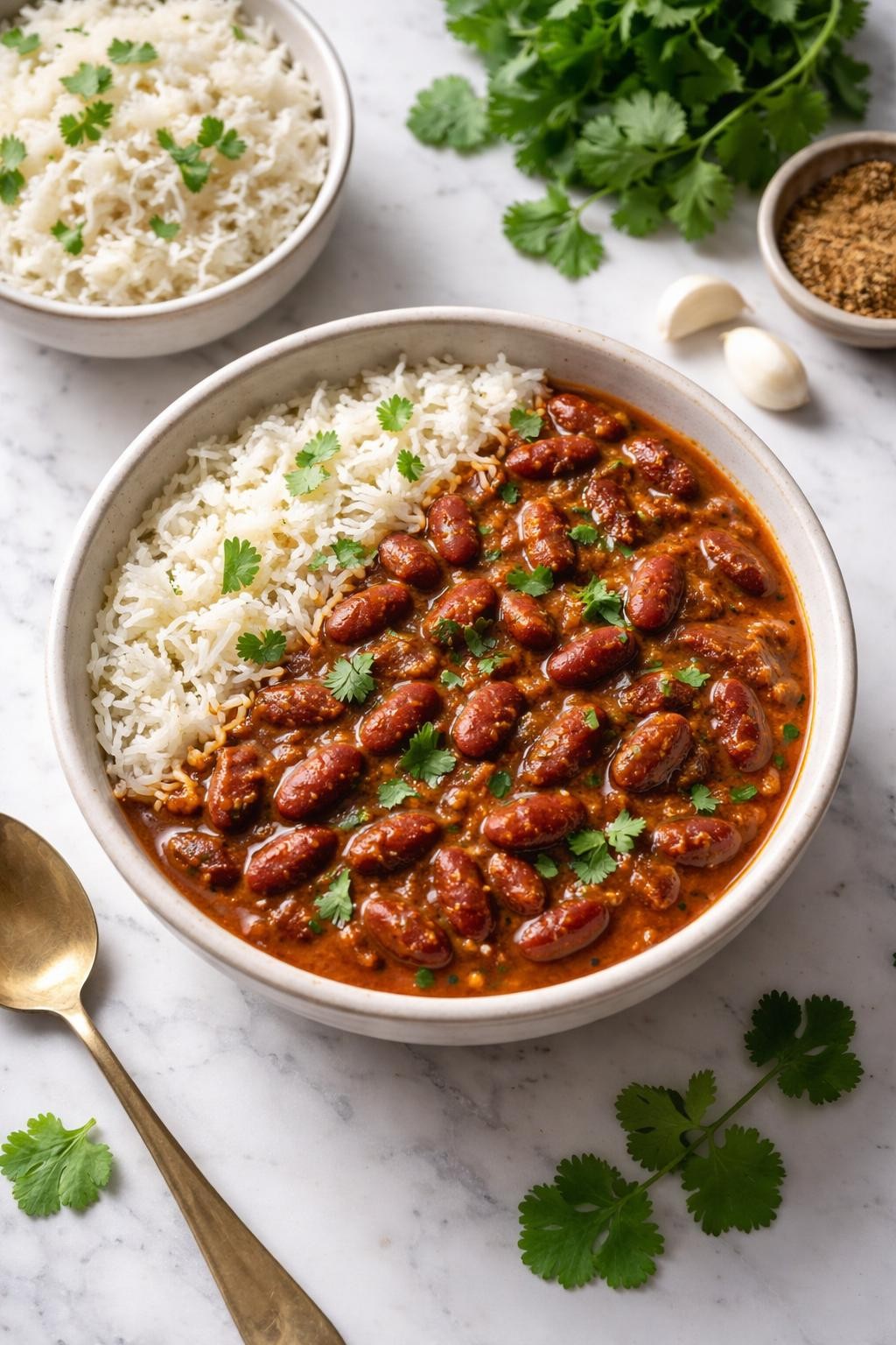 Image Prompt: Realistic top-down editorial food photography of rajma curry in a rustic white bowl on a white marble countertop, red kidney beans in a thick spiced tomato onion gravy with garlic, ginger, and cilantro, served with basmati rice, warm homemade Indian comfort food mood, bright natural daylight, soft shadows, clean editorial composition, high detail, realistic texture, no people, no hands, no text, no watermarks, no props with writing.