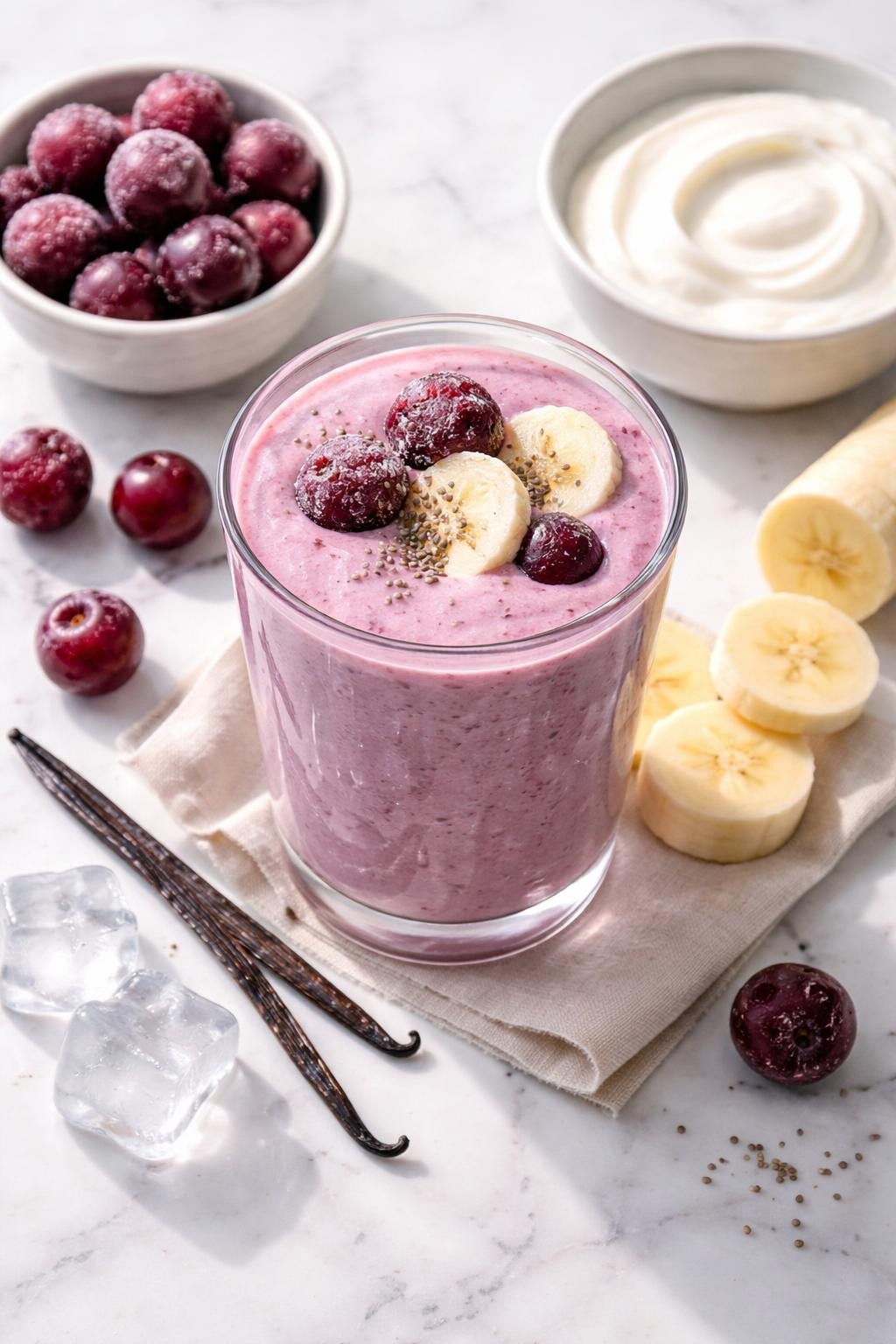 Realistic top-down editorial food photography of a cherry vanilla smoothie in a clear glass on a light marble countertop. The smoothie is soft pink-purple, thick, glossy, and creamy, styled with frozen cherries, banana slices, vanilla, plain yogurt in a simple bowl, and a few ice cubes nearby. Bright natural daylight, clean homemade smoothie styling, high detail, realistic creamy texture, no people, no hands, no text, no watermarks, no props with writing.