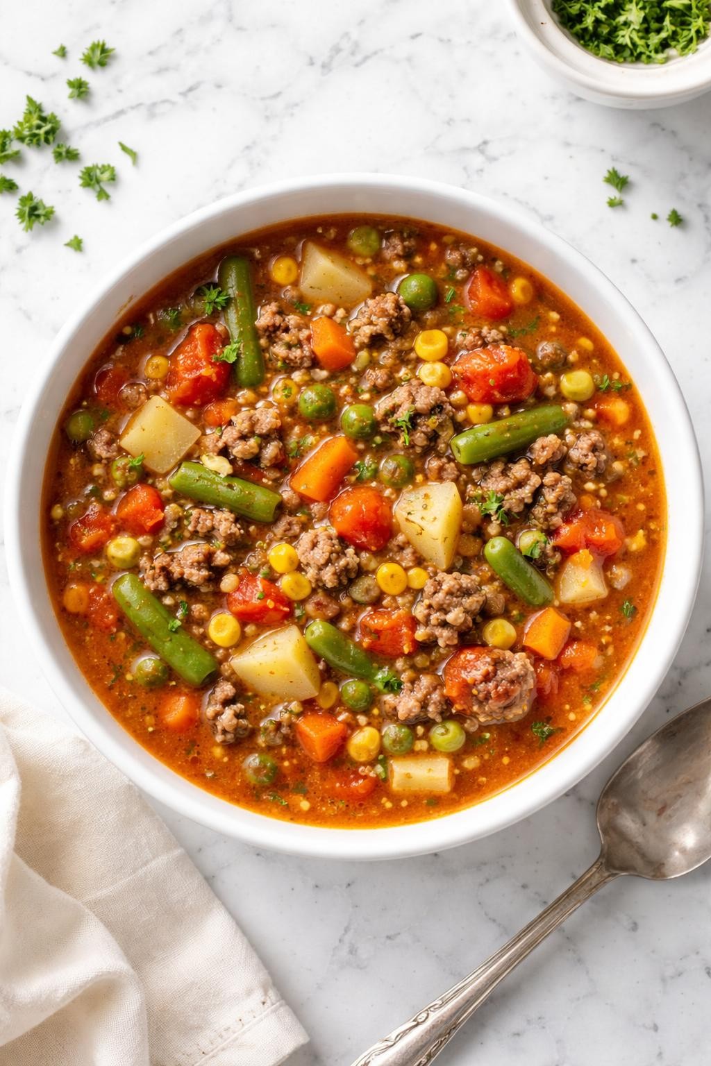 Image Prompt: Top-down realistic food photography of vegetable beef soup with mixed vegetables in a white bowl on a bright marble countertop, hearty broth with ground beef, frozen mixed vegetables, potatoes, and tomatoes, simple homemade dinner styling, bright natural daylight, clean editorial composition, high detail, no people, no hands, no text, no watermarks, no props with writing.