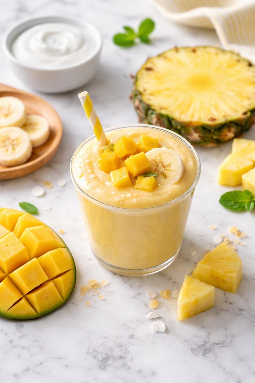 Realistic top-down editorial food photography of a pineapple mango toddler smoothie served in a small clear cup on a light marble countertop. The smoothie is pale golden yellow, smooth, thick, and fresh-looking, styled with mango cubes, pineapple chunks, banana slices, and a small plain bowl of yogurt nearby. Bright natural daylight, clean tropical toddler snack styling, realistic smoothie texture, high detail, no people, no hands, no text, no watermarks, no props with writing.