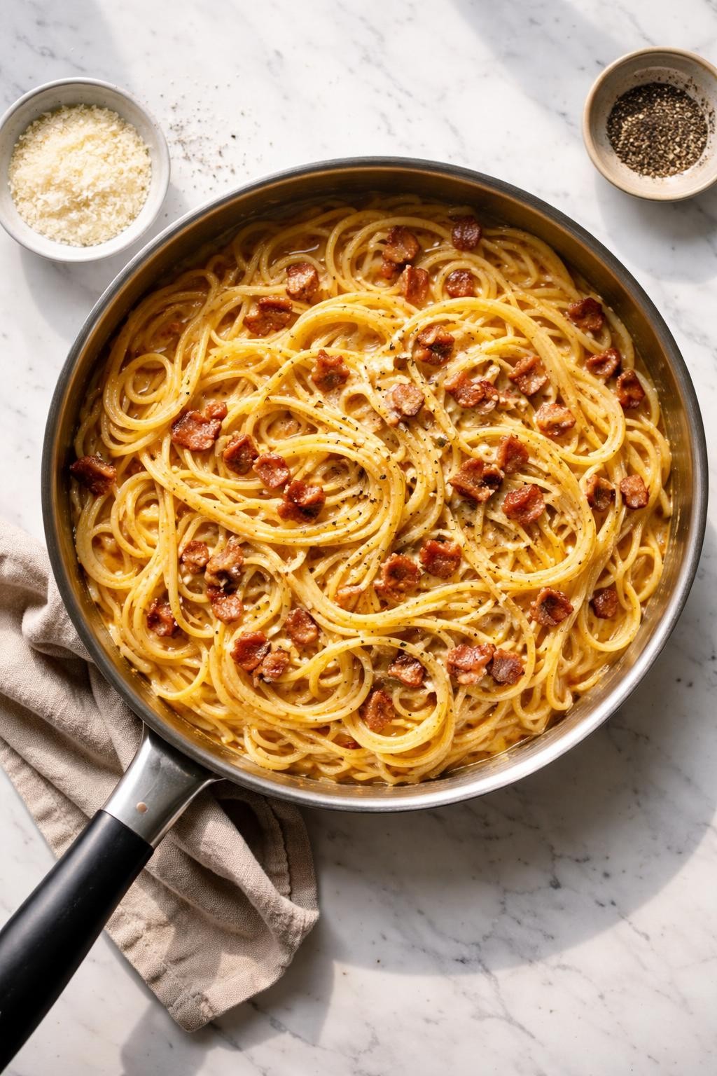 Prompt: Top-down realistic editorial food photography of a carbonara-style spaghetti skillet on a clean light marble countertop, spaghetti noodles coated in a glossy egg and cheese sauce with bacon pieces and black pepper, rich simple homemade pasta presentation, bright natural window lighting, soft shadows, clean composition, high detail, realistic food texture, no people, no hands, no text, no watermarks, no props with writing.