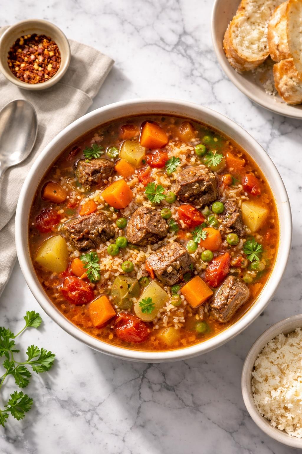 Image Prompt: Top-down realistic editorial food photography of vegetable beef soup with rice in a deep bowl on a clean white and gray marble countertop, rich broth with beef, rice, carrots, celery, tomatoes, and peas, cozy homemade dinner styling, bright natural light, soft shadows, high detail, no people, no hands, no text, no watermarks, no props with writing.