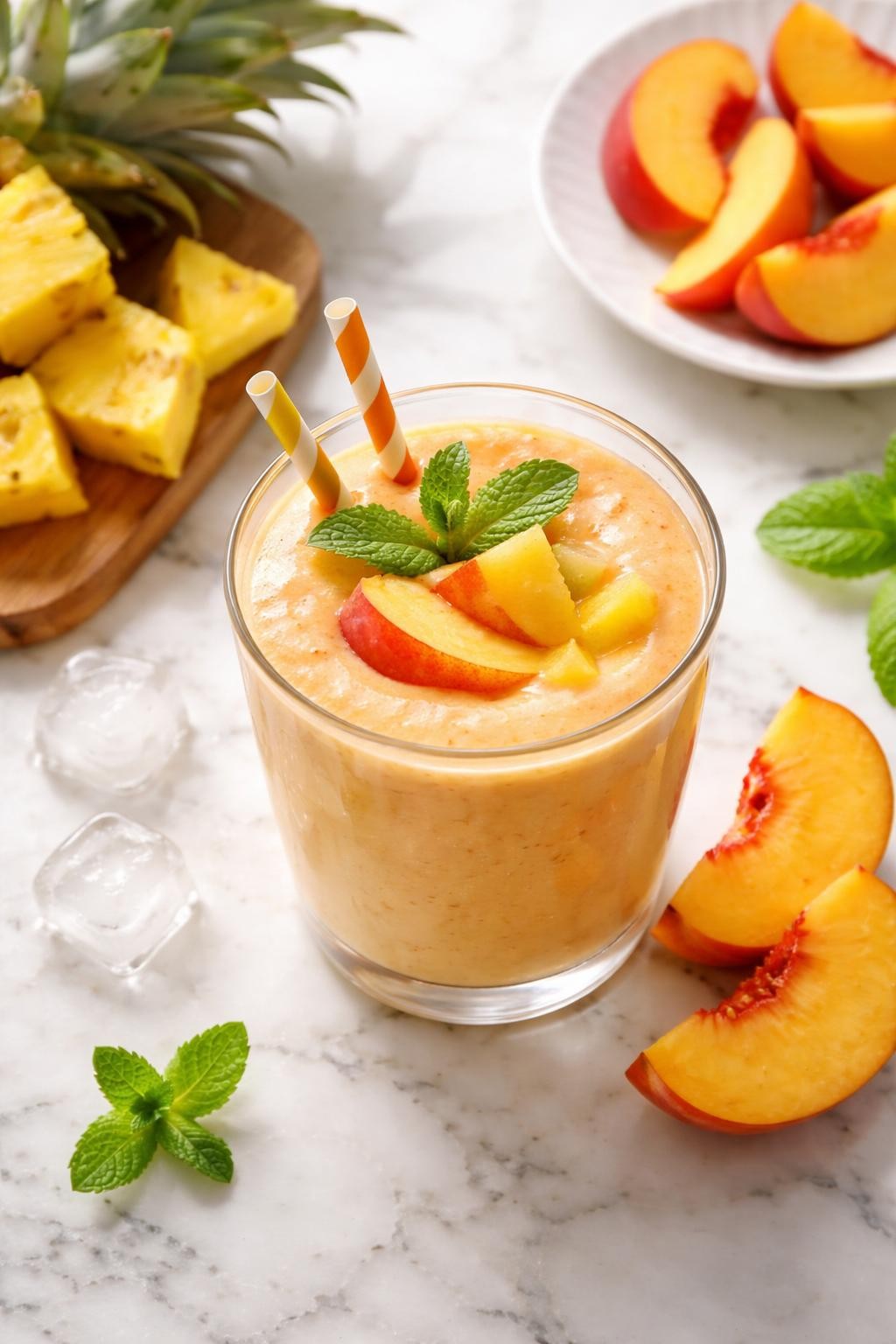 Realistic top-down editorial food photography of a pineapple peach smoothie in a clear glass on a white marble countertop. The smoothie is soft golden orange, thick, and creamy, styled with peach slices, pineapple chunks, and a few ice cubes nearby. Soft natural window lighting, clean summer breakfast styling, realistic smoothie texture, high detail, no people, no hands, no text, no watermarks, no props with writing.