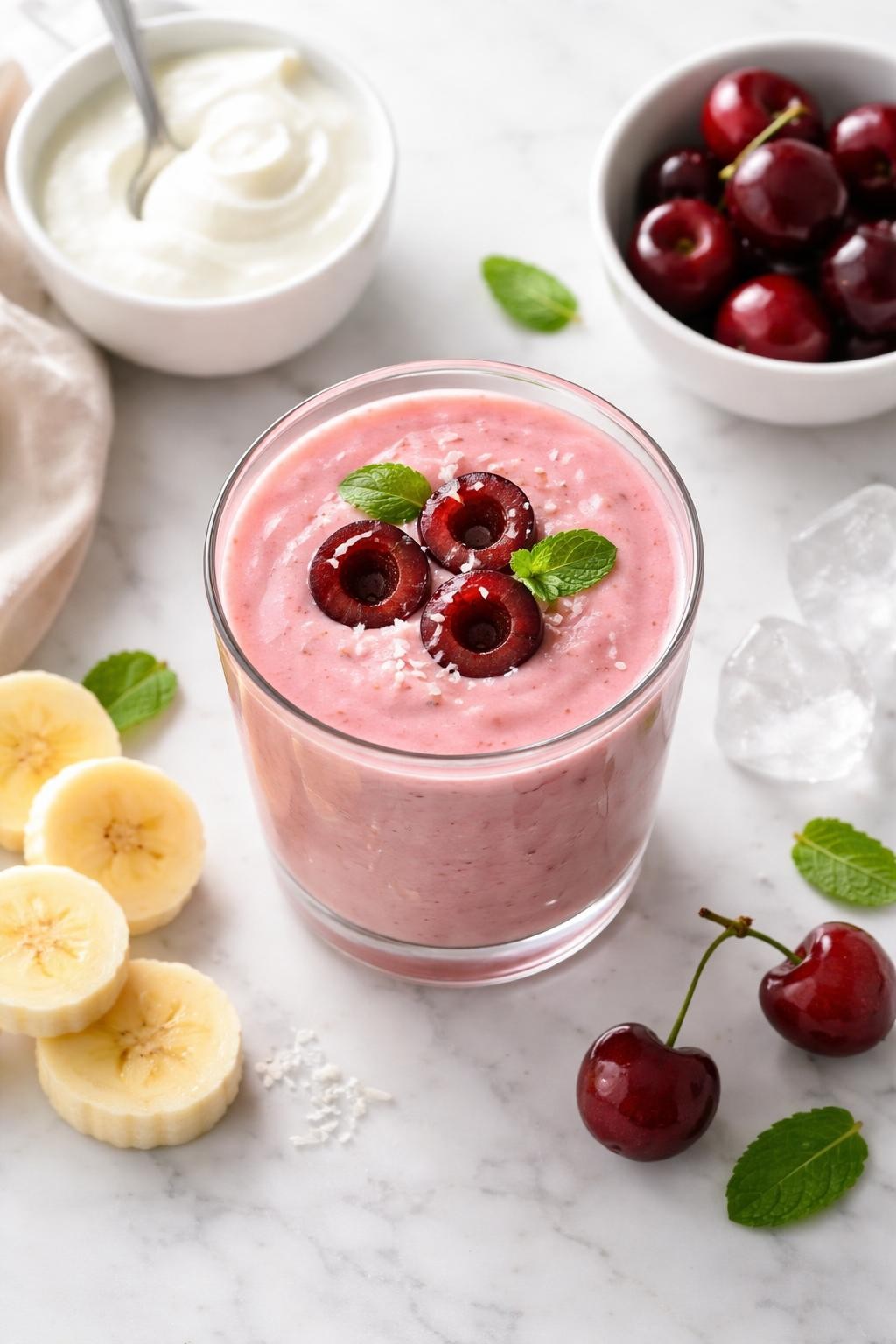 Realistic top-down food photography of a creamy cherry yogurt smoothie served in a clear glass on a clean white marble countertop. The smoothie is soft pink-red, thick, smooth, and creamy, styled with pitted cherries, plain Greek yogurt in a small bowl, banana rounds, and a few ice cubes nearby. Bright natural window lighting, clean morning snack styling, high detail, realistic creamy texture, no people, no hands, no text, no watermarks, no props with writing.