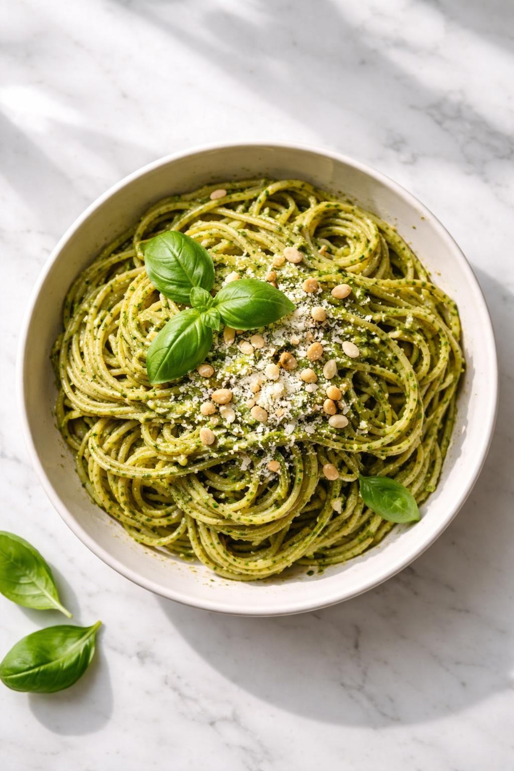 Prompt: Top-down realistic editorial food photography of pesto leftover spaghetti in a shallow bowl on a clean white marble countertop, spaghetti noodles coated in green pesto sauce with parmesan, pine nuts, and a few basil leaves on top, simple fresh homemade meal styling, bright natural window lighting, soft shadows, clean composition, high detail, realistic food texture, no people, no hands, no text, no watermarks, no props with writing.