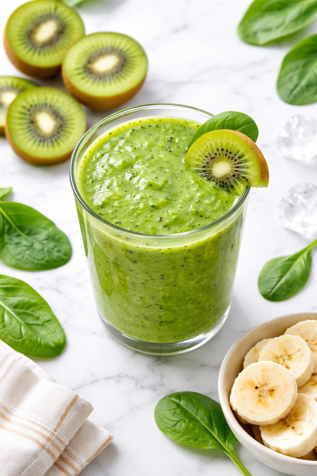 Realistic top-down food photography of a bright kiwi spinach green smoothie served in a clear glass on a white marble countertop. The smoothie is fresh green with tiny kiwi seed specks, styled with sliced kiwi rounds, spinach leaves, and a few banana slices nearby. Bright natural daylight, clean colorful breakfast styling, realistic drink texture, high detail, no people, no hands, no text, no watermarks, no props with writing.