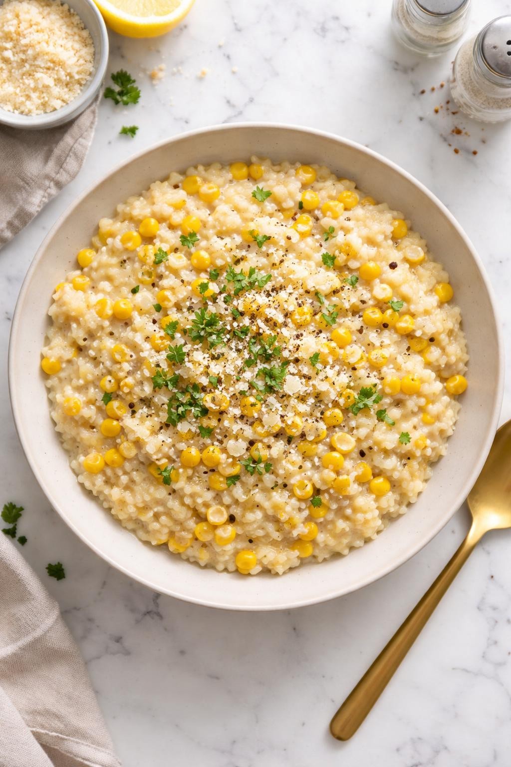 Image Prompt: Top-down realistic food photography of creamy vegan corn risotto in a shallow bowl on a bright white marble countertop, glossy arborio rice mixed with sweet yellow corn kernels and herbs, homemade comfort food styling, bright natural light, clean editorial composition, high detail, no people, no hands, no text, no watermarks, no props with writing.