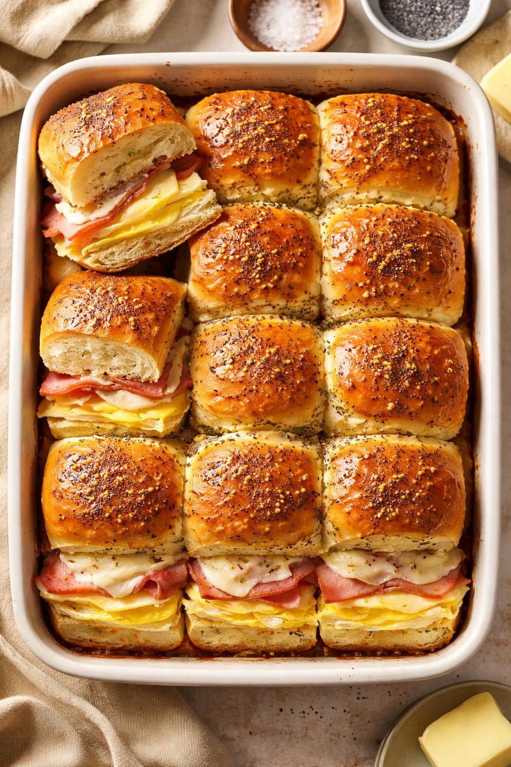 "Overhead realistic photo of a baking dish filled with 12 Hawaiian roll sliders, each with a folded egg, sliced ham, and melted Swiss cheese, topped with a buttery poppyseed glaze. A few sliders lifted to show the filling. Warm golden light, crowd-pleasing breakfast prep, no people, no hands, no text, no watermarks."