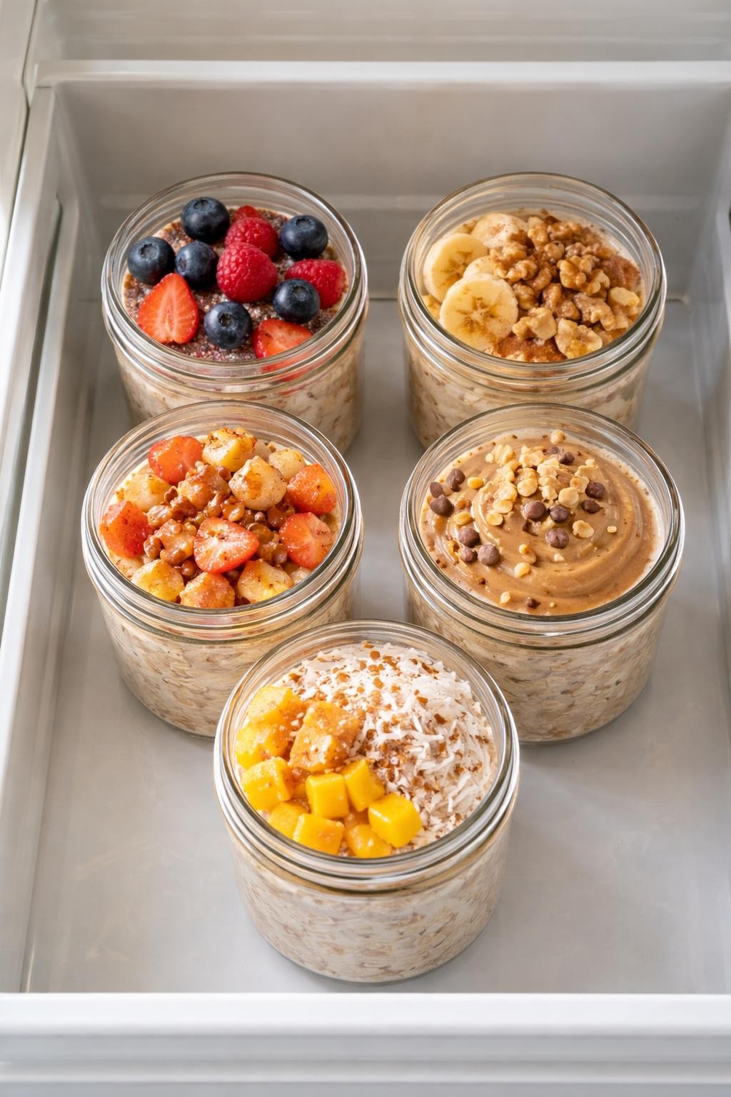 Photo prompt: Realistic top-down editorial food photography of five glass jars filled with overnight oats, each with different toppings: berries, banana, apple cinnamon, peanut butter, and coconut. A refrigerator shelf. Soft morning light, week-long breakfast prep mood, no people, no hands, no text, no watermarks, no props with writing.