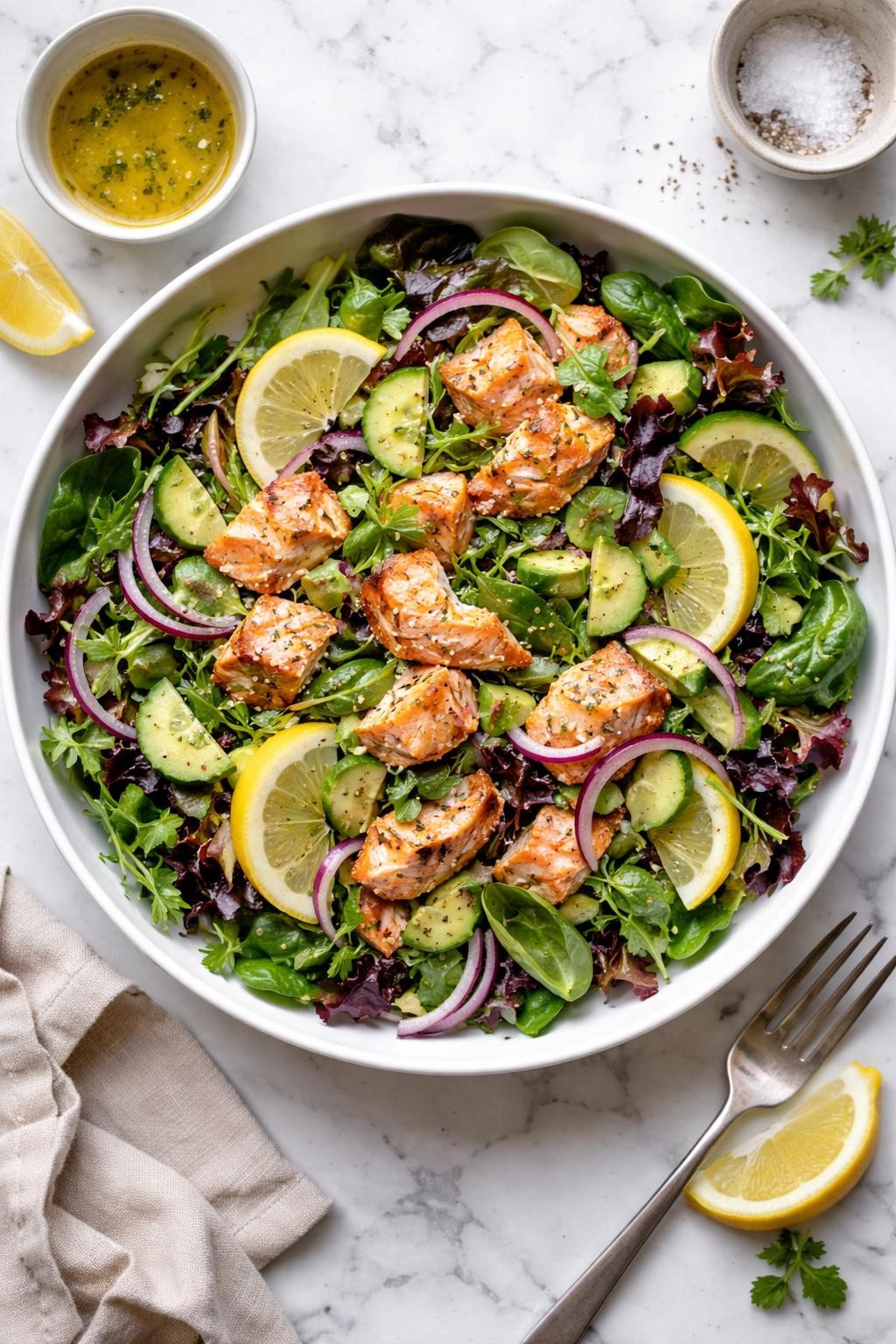 Image Prompt: Realistic top-down editorial food photography of a salmon spring mix salad on a white marble countertop, filled with fresh spring mix, flaky cooked salmon, cucumber, red onion, avocado, and lemon dressing, fresh hearty homemade dinner styling, soft natural daylight, clean editorial composition, high detail, realistic texture, no people, no hands, no text, no watermarks, no props with writing.