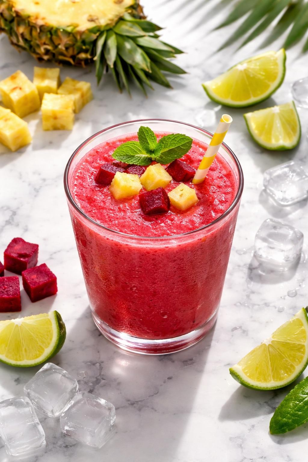 Realistic top-down editorial food photography of a beet pineapple smoothie in a clear glass on a white and gray marble countertop. The smoothie is vivid pink-red, smooth, cold, and refreshing, styled with pineapple chunks, beet cubes, lime wedges, and a few ice cubes nearby. Bright natural daylight, clean tropical smoothie styling, high detail, realistic drink texture, no people, no hands, no text, no watermarks, no props with writing.