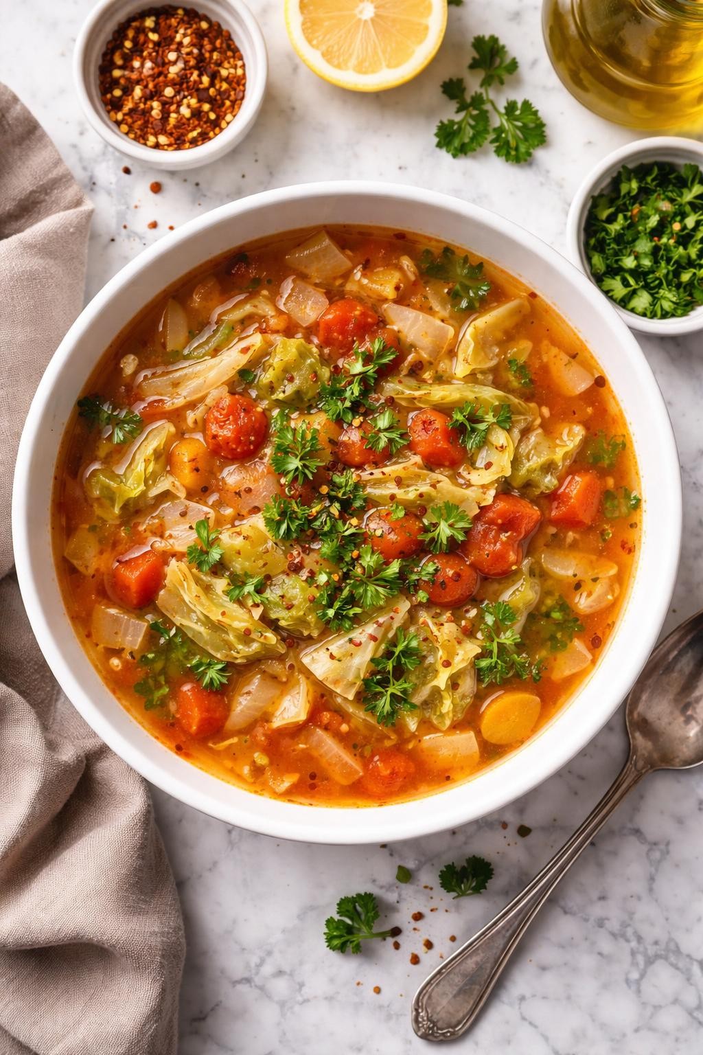 An overheard picture view of a plate of Quick Diet Cabbage Soup sitting on a marble countertop table in the kitchen, professional food photography style.
