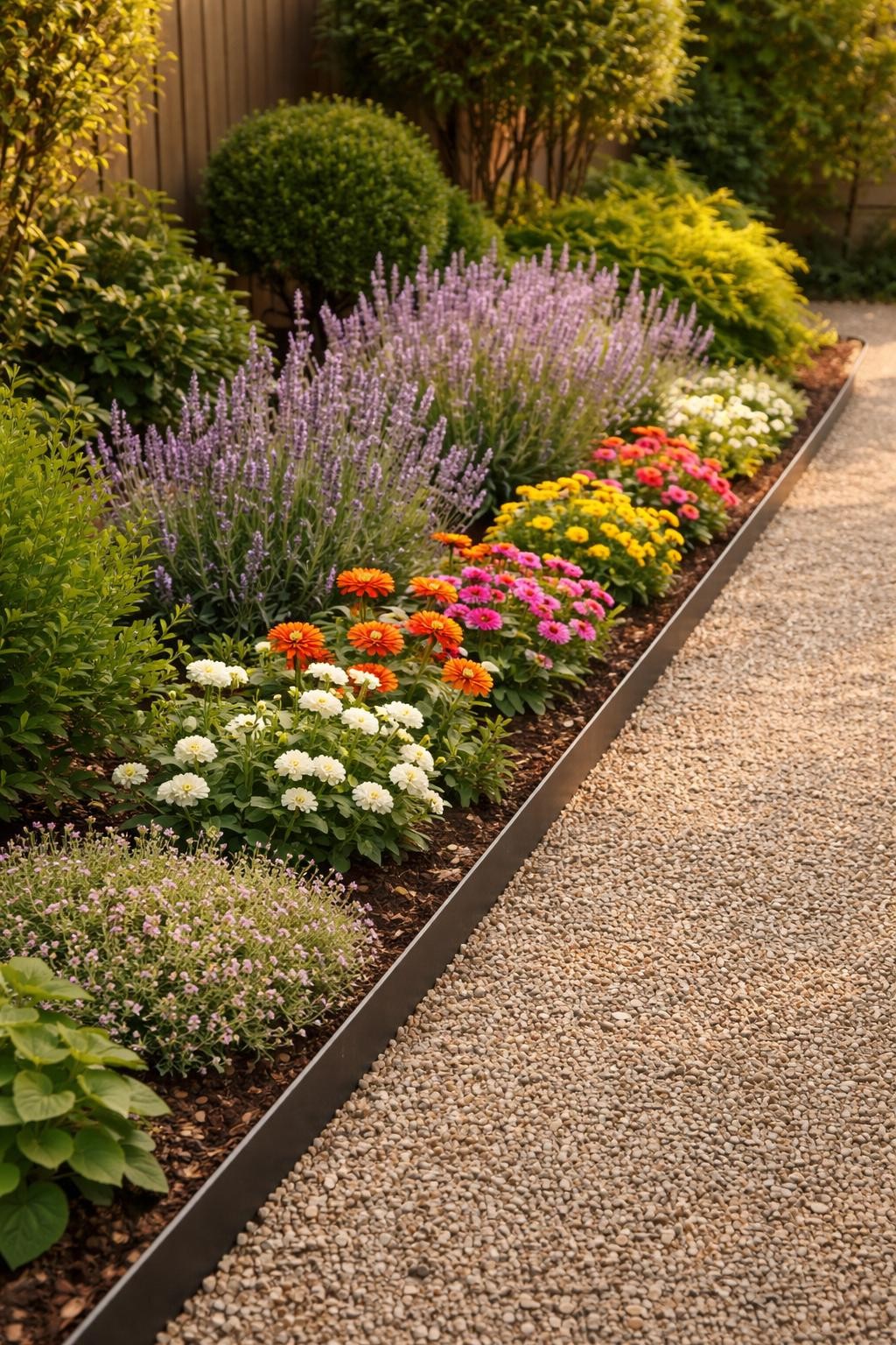 Image Prompt: A narrow flower bed running along a garden walkway, planted with lavender, dwarf zinnias, white dianthus, and creeping thyme, clean gravel path beside it, low metal edging, compact backyard garden, warm afternoon light, realistic and neat landscaping style, no people, no text, no watermark.