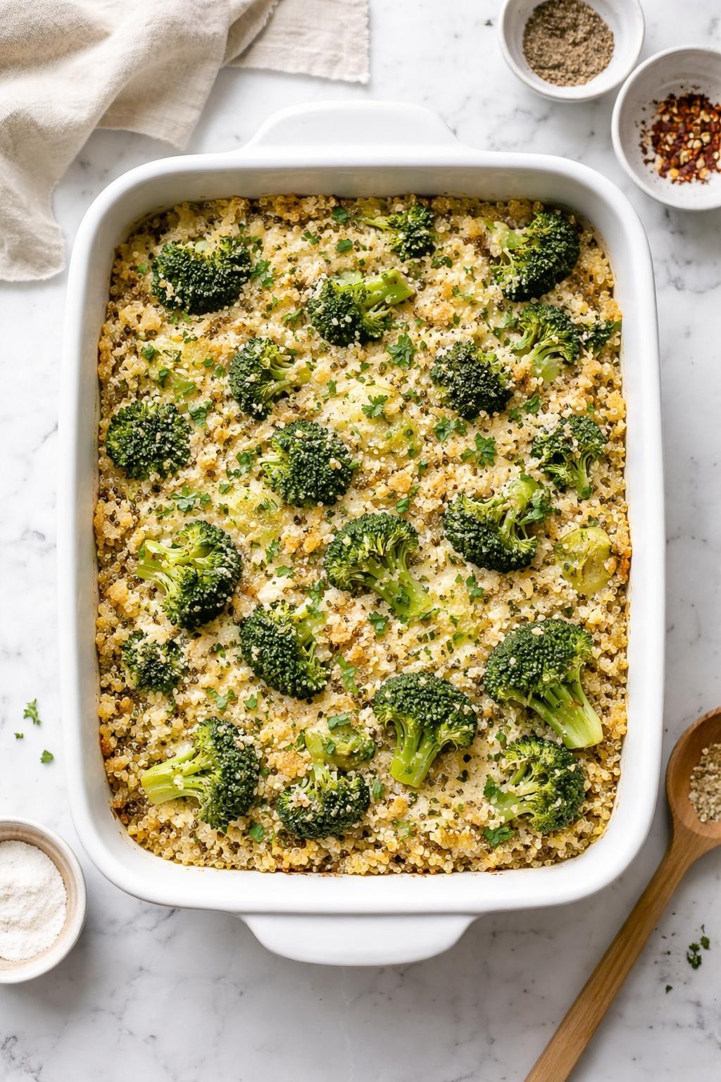 Image Prompt: Top-down realistic food photography of quinoa broccoli casserole in a white baking dish on a clean white marble countertop, fluffy quinoa baked with tender broccoli and a creamy dairy-free sauce, cozy homemade vegan dinner styling, bright natural daylight, clean editorial composition, high detail, no people, no hands, no text, no watermarks, no props with writing.