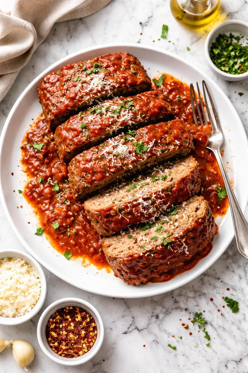 An overheard picture view of a plate of Simple Italian Meatloaf with Marinara sitting on a marble countertop table in the kitchen, professional food photography style.
