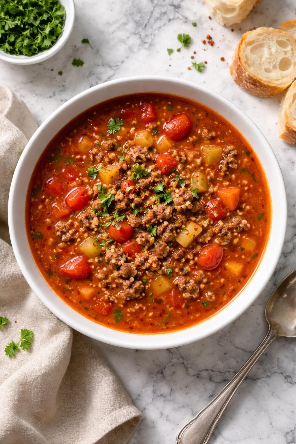 Image Prompt: Realistic top-down editorial food photography of tomato hamburger soup in a clean ceramic bowl on a white and gray marble countertop, deep red broth filled with browned ground beef, diced vegetables, and herbs, simple cozy homemade styling, bright natural light, soft shadows, no people, no hands, no text, no watermarks, no props with writing.