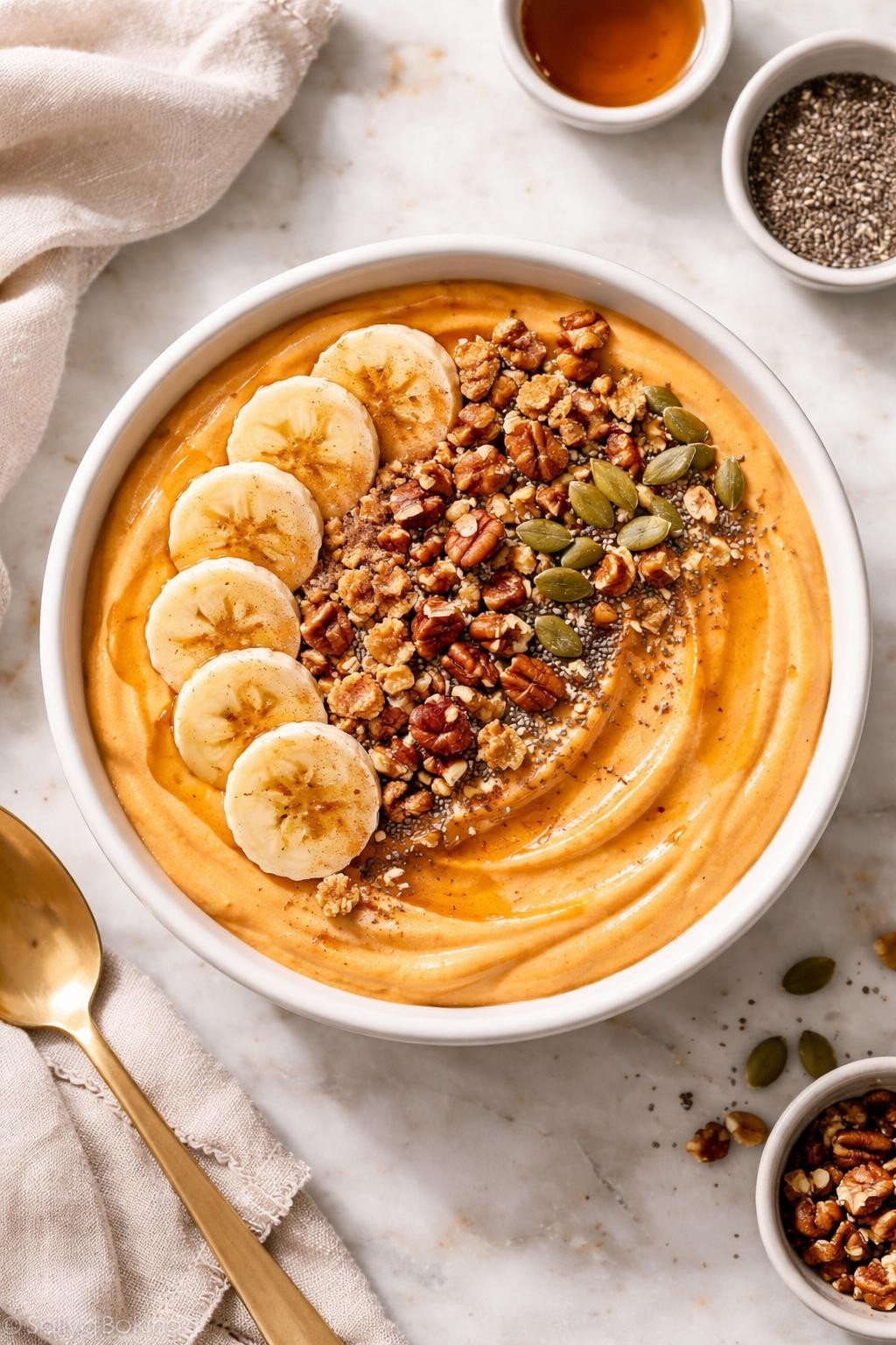 Prompt: A realistic top-down editorial food photography image of a thick pumpkin smoothie bowl served in a white ceramic bowl, sitting on a countertop marble table. The smoothie base is creamy soft orange with a smooth swirled spoonable texture, topped with sliced banana, granola clusters, pumpkin seeds, chia seeds, chopped pecans, a light maple syrup drizzle, and a small sprinkle of cinnamon. Soft natural morning light, clean composition, cozy fall breakfast mood, no people, no hands, no text, no watermarks, no props with writing.