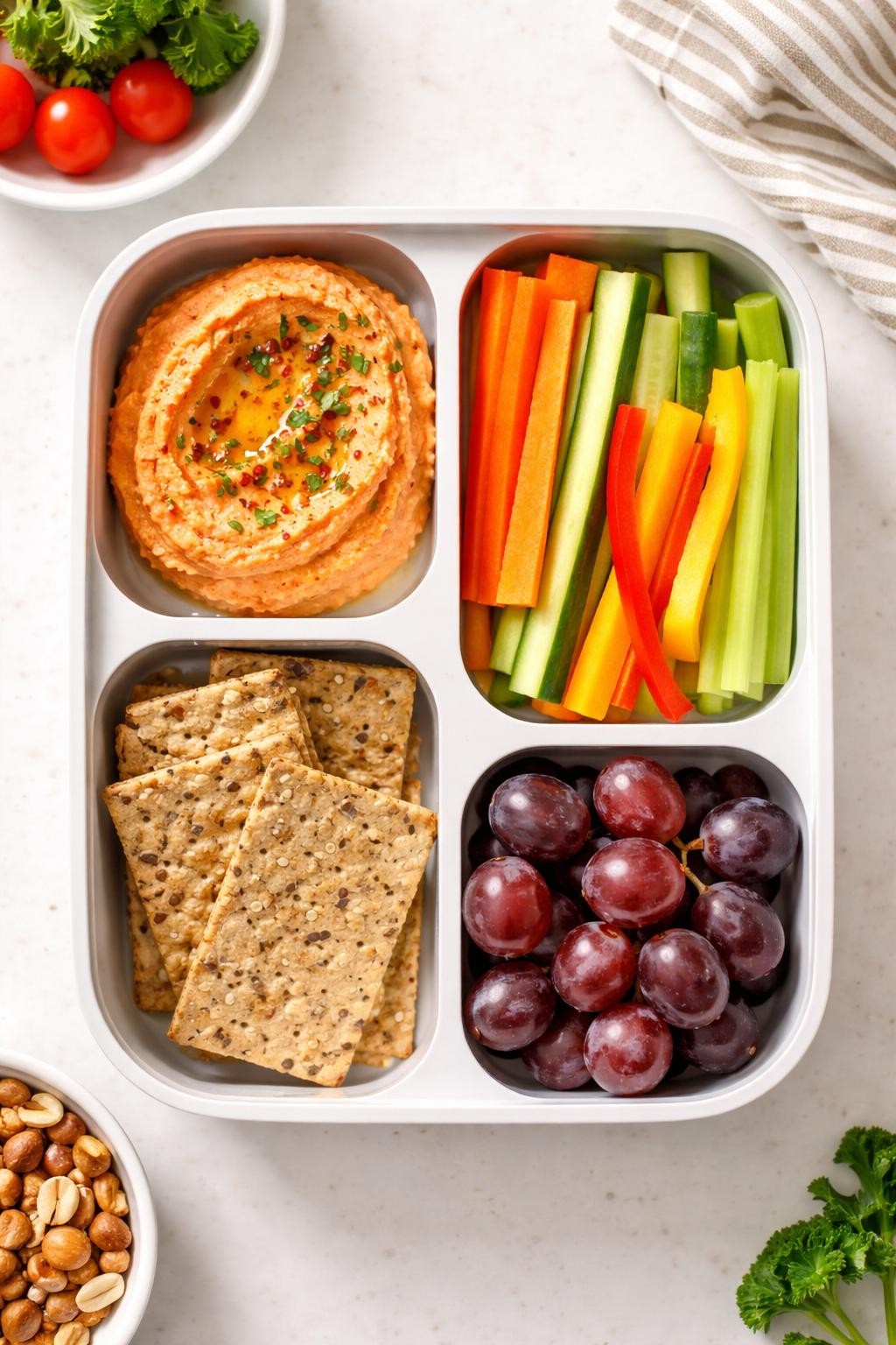 "Realistic top-down food photography of a bento-style lunch box with four sections on a white countertop. One section holds a scoop of red pepper hummus. Another has rainbow veggie sticks: carrot, cucumber, bell pepper, and celery. A third section has whole grain crackers. The fourth has a handful of grapes. Bright natural light, colorful and healthy snack-style lunch, no people, no hands, no text, no watermarks."
