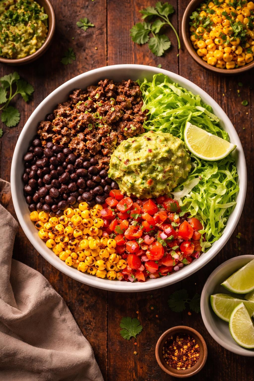 "Realistic top-down food photography of a meal prep bowl with ground beef and black beans on a dark wood table. The bowl contains seasoned ground beef, black beans, corn, diced tomatoes, shredded lettuce, and a scoop of guacamole. A lime wedge on the side. Warm colorful lighting, Tex-Mex lunch prep for the week, no people, no hands, no text, no watermarks."