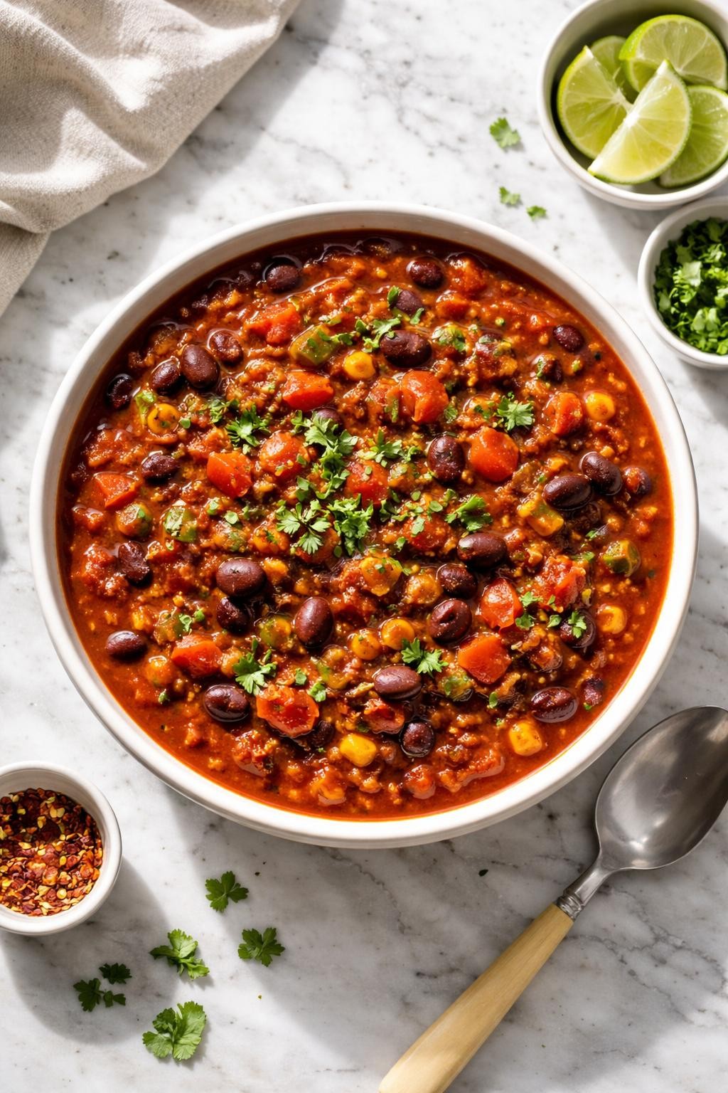 Image Prompt: Top-down realistic editorial food photography of a bowl of homemade vegan TVP chili on a clean white and gray marble countertop, thick tomato-based chili filled with seasoned TVP, kidney beans, black beans, diced tomatoes, and peppers, garnished with chopped cilantro, warm cozy dinner mood, bright natural window light, soft shadows, clean styling, high detail, realistic texture, no people, no hands, no text, no watermarks, no props with writing.