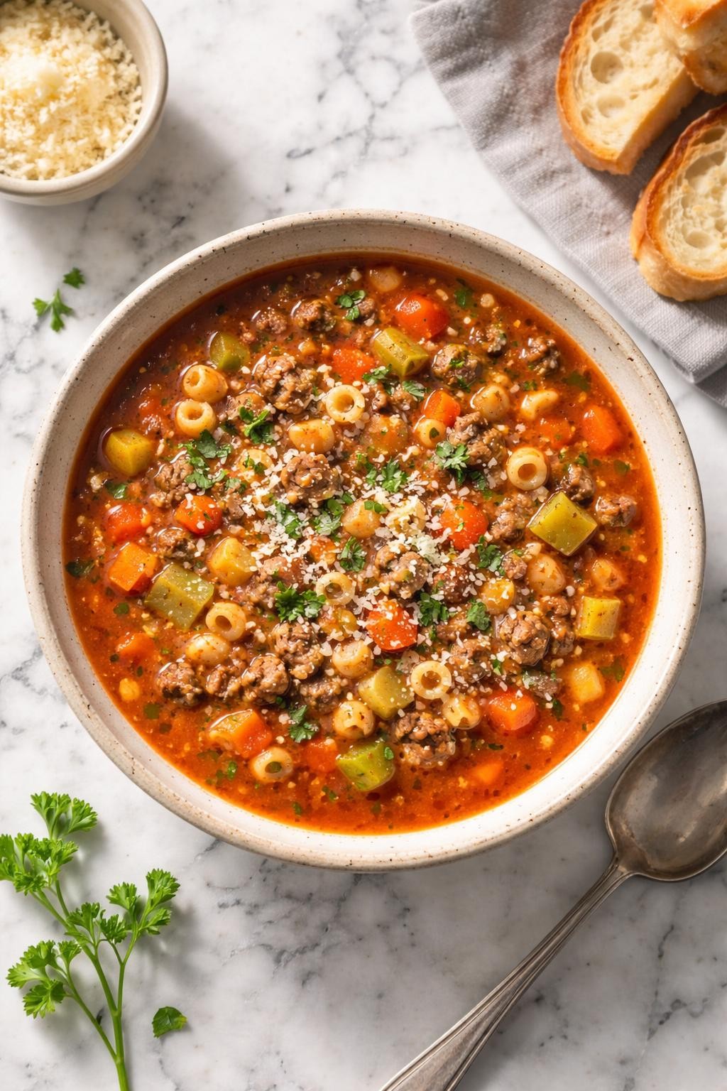 Image Prompt: Realistic top-down editorial food photography of Italian-style hamburger soup in a rustic bowl on a clean white and gray marble countertop, tomato-based broth with browned ground beef, carrots, celery, small pasta, and Italian herbs, cozy homemade dinner mood, bright natural daylight, soft shadows, no people, no hands, no text, no watermarks, no props with writing.