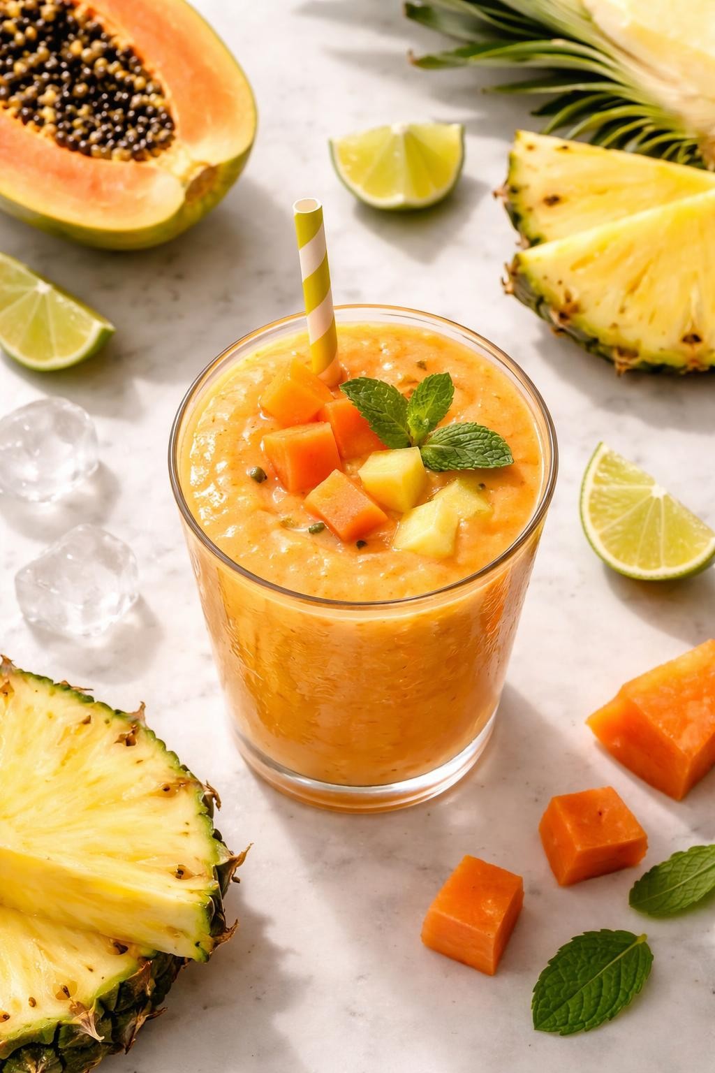 Realistic top-down editorial food photography of a pineapple papaya smoothie in a clear glass on a light marble countertop. The smoothie is rich golden orange and smooth, styled with papaya cubes, pineapple chunks, lime wedges, and a few ice cubes nearby. Soft natural daylight, clean tropical fruit styling, realistic smoothie texture, high detail, no people, no hands, no text, no watermarks, no props with writing.