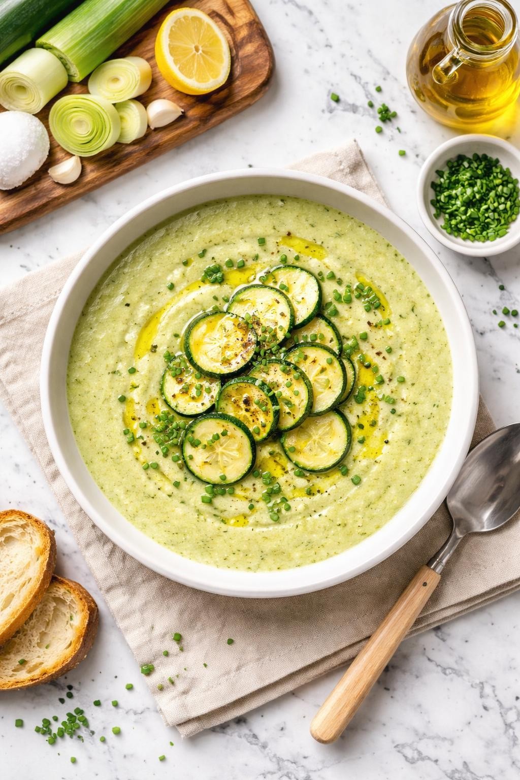 An overheard picture view of a plate of Zucchini and Leek Soup sitting on a marble countertop table in the kitchen, professional food photography style.