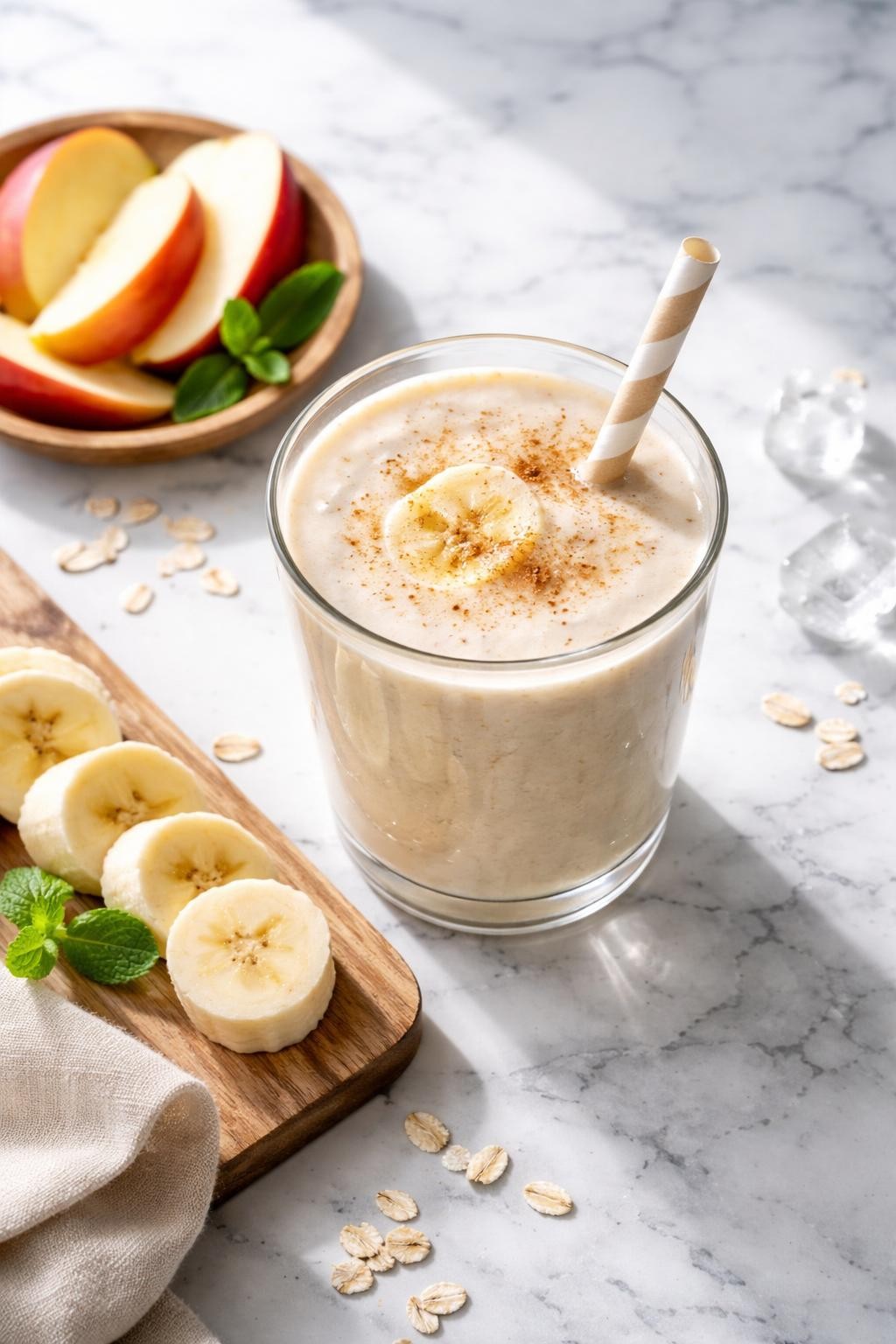 Realistic top-down editorial food photography of a creamy apple banana smoothie served in a clear glass on a clean white and gray marble countertop. The smoothie is pale cream with a smooth thick texture, with apple slices, banana rounds, and a few ice cubes styled neatly nearby. Bright natural window lighting, soft shadows, clean breakfast styling, high detail, realistic smoothie texture, no people, no hands, no text, no watermarks, no props with writing.