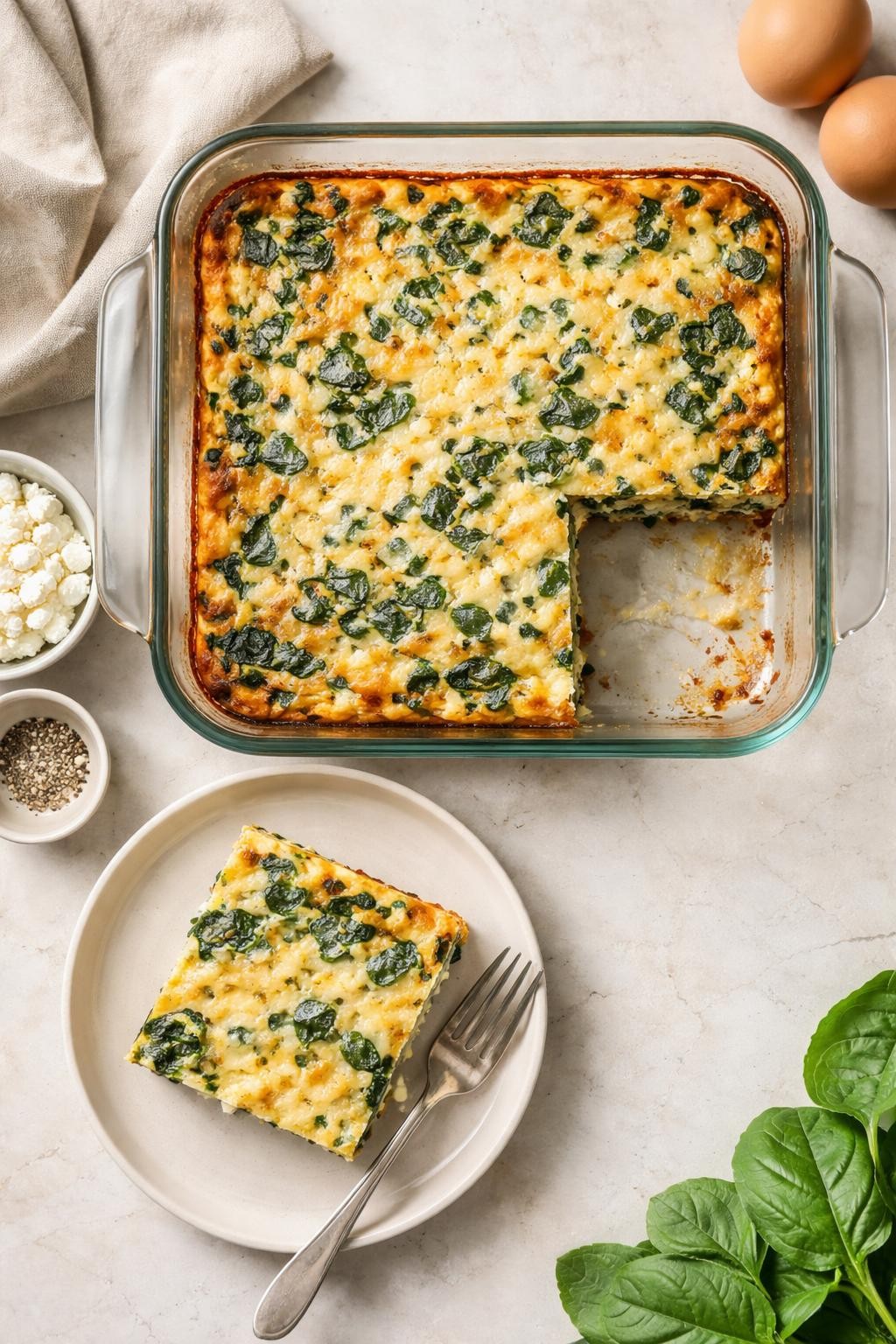 "Top-down realistic photo of a square glass baking dish filled with a golden-brown egg bake, made with cottage cheese, eggs, and spinach. A square cut out and placed on a small plate. Soft natural light, creamy and protein-dense breakfast prep, no people, no hands, no text, no watermarks."
