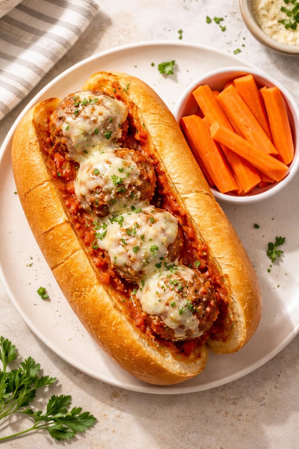 "Overhead realistic photo of a toasted hoagie roll filled with three meatballs, marinara sauce, and melted provolone cheese. A small side of carrot sticks. Soft warm light, easy kid-friendly sandwich, no people, no hands, no text, no watermarks."