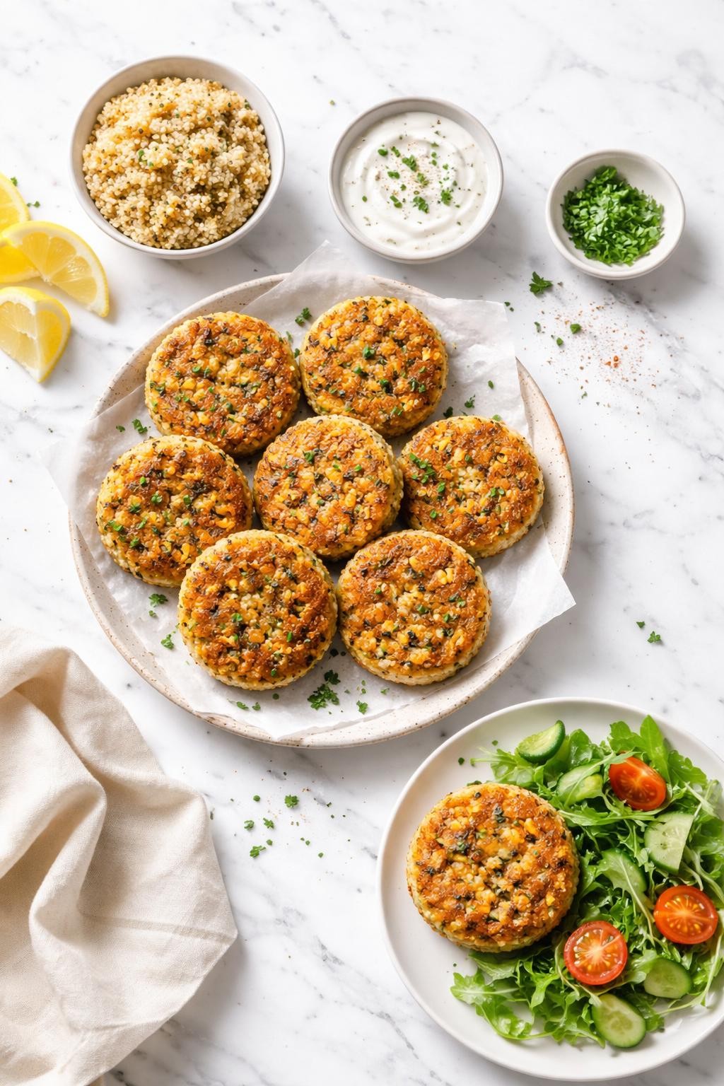 Image Prompt: Top-down realistic food photography of quinoa veggie patties on a bright white marble countertop, golden pan-cooked patties made with quinoa, grated carrots, onion, and herbs, casual homemade vegan meal styling, bright natural daylight, clean editorial composition, high detail, no people, no hands, no text, no watermarks, no props with writing.