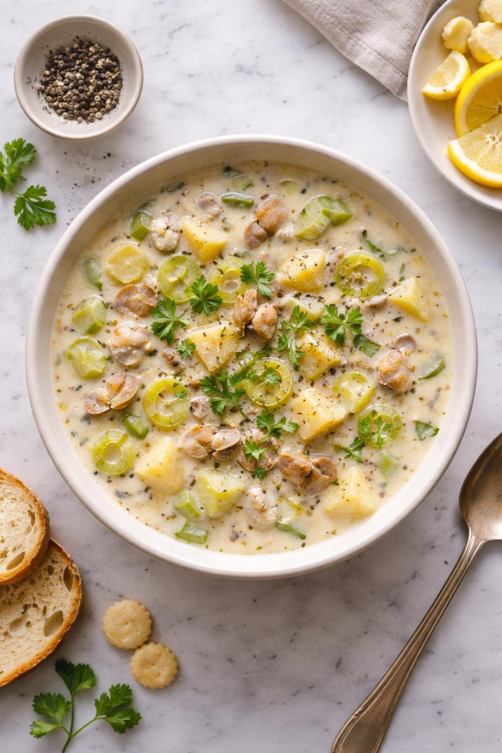 Prompt: Top-down realistic editorial food photography of a bowl of clam chowder with leeks on a clean light marble countertop, creamy chowder filled with chopped clams, tender diced potatoes, sliced leeks, celery, and a rich pale broth, topped with fresh herbs and black pepper, simple ceramic bowl, warm homemade soup mood, natural window light, soft shadows, clean composition, high detail, realistic food texture, no people, no hands, no text, no watermarks, no props with writing.
