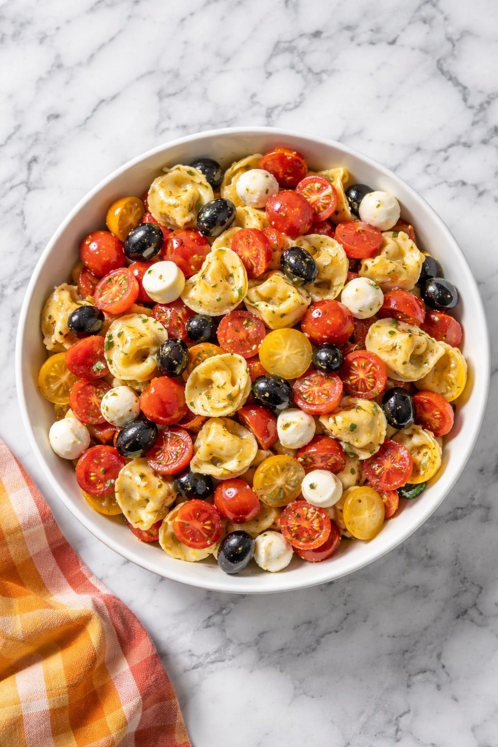 Image Prompt: Realistic top-down editorial food photography of pepperoni tortellini pasta salad in a simple serving bowl on a white and gray marble countertop, cheese tortellini mixed with mini pepperoni, mozzarella pearls, cherry tomatoes, black olives, and Italian dressing, colorful homemade potluck styling, bright natural light, soft shadows, no people, no hands, no text, no watermarks, no props with writing.
