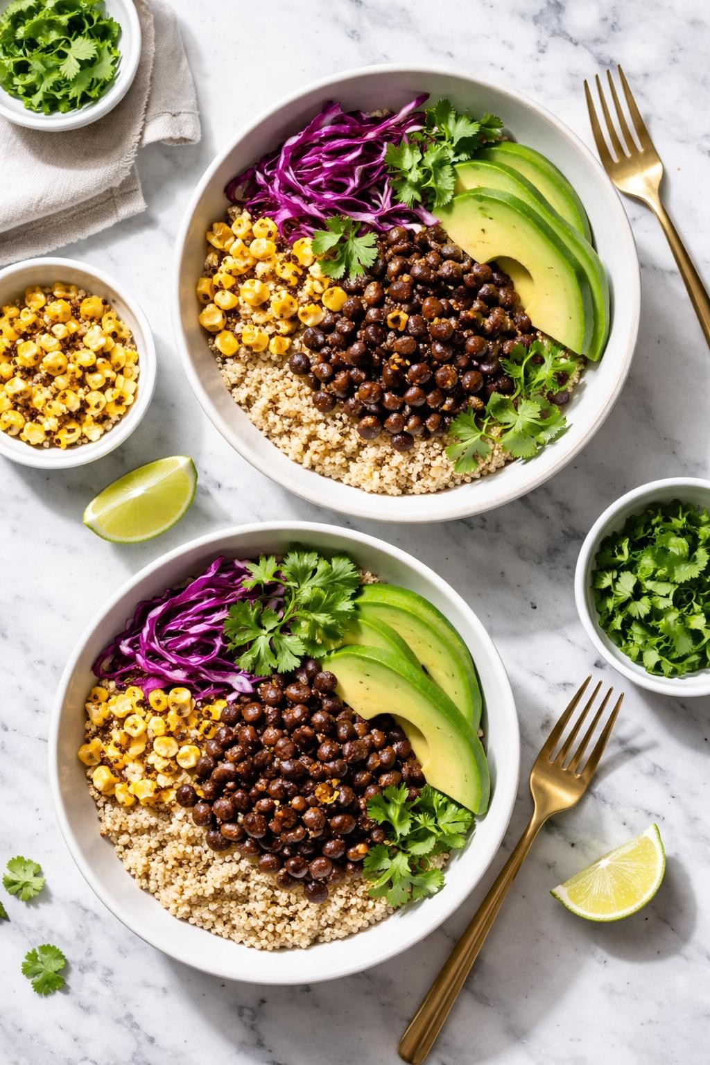 Image Prompt: Top-down realistic editorial food photography of quinoa black bean bowls on a clean white and gray marble countertop, fluffy quinoa topped with seasoned black beans, avocado slices, corn, shredded cabbage, and fresh cilantro, colorful homemade vegan dinner styling, bright natural window lighting, soft shadows, clean composition, high detail, realistic food texture, no people, no hands, no text, no watermarks, no props with writing.
