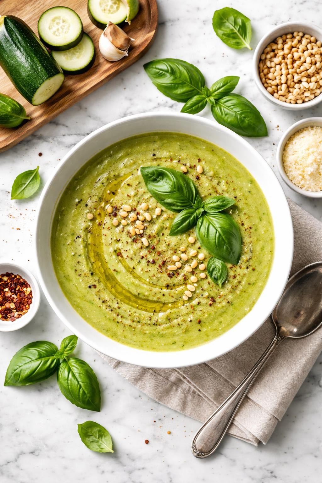 An overheard picture view of a plate of Zucchini and Basil Soup sitting on a marble countertop table in the kitchen, professional food photography style.