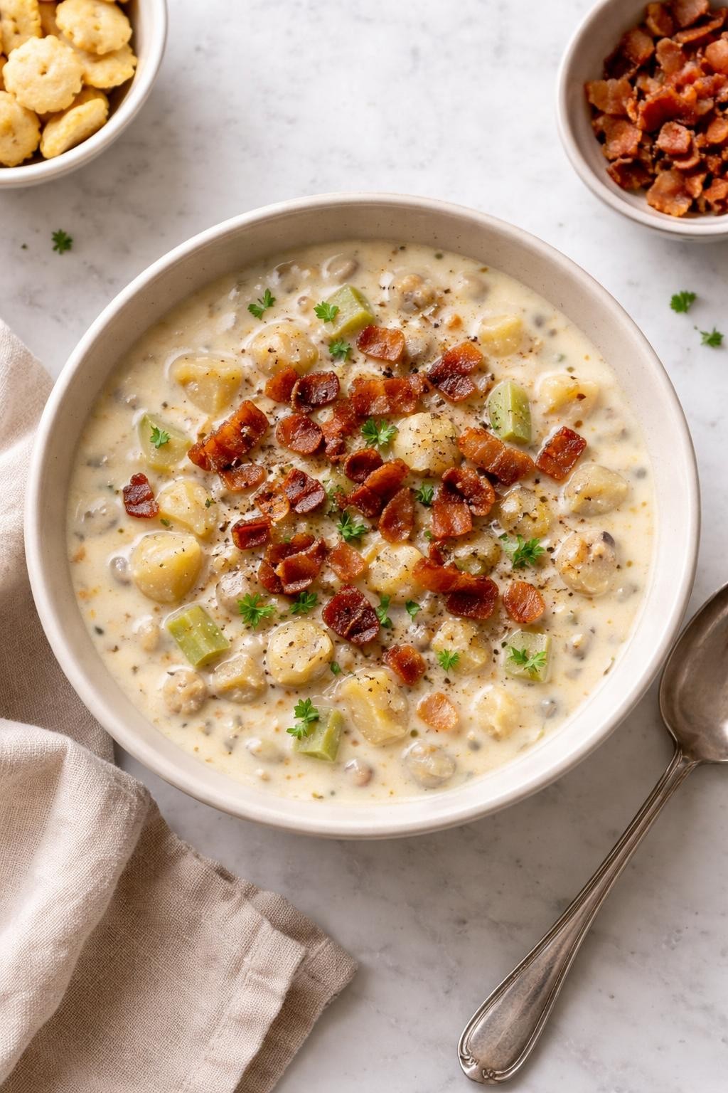 Prompt: Top-down realistic editorial food photography of a bowl of bacon clam chowder on a clean light marble countertop, creamy chowder filled with chopped clams, soft potato chunks, onion, celery, and crispy bacon pieces scattered on top, thick rich broth with a homemade rustic look, simple ceramic bowl, cozy comfort food mood, bright natural daylight, soft shadows, clean composition, high detail, realistic food texture, no people, no hands, no text, no watermarks, no props with writing.