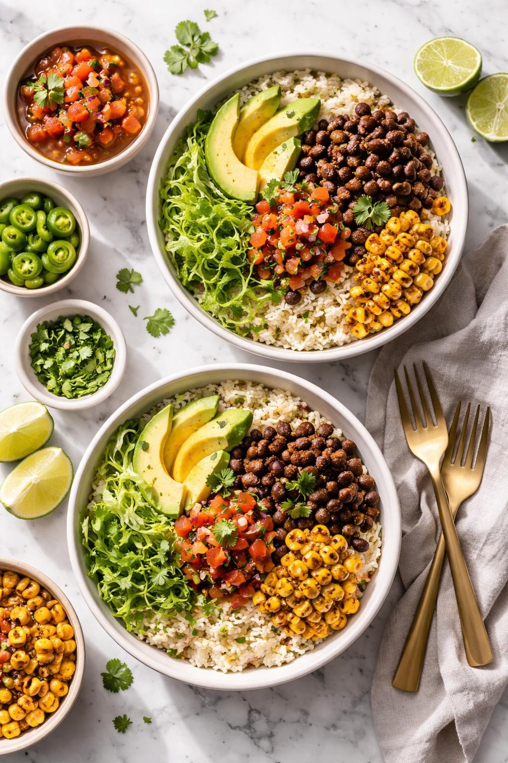 Image Prompt: Top-down realistic editorial food photography of vegan black bean taco bowls on a clean white and gray marble countertop, fluffy rice topped with seasoned black beans, avocado slices, corn, salsa, shredded lettuce, and fresh cilantro, colorful homemade dinner styling, bright natural window lighting, soft shadows, clean composition, high detail, realistic food texture, no people, no hands, no text, no watermarks, no props with writing.