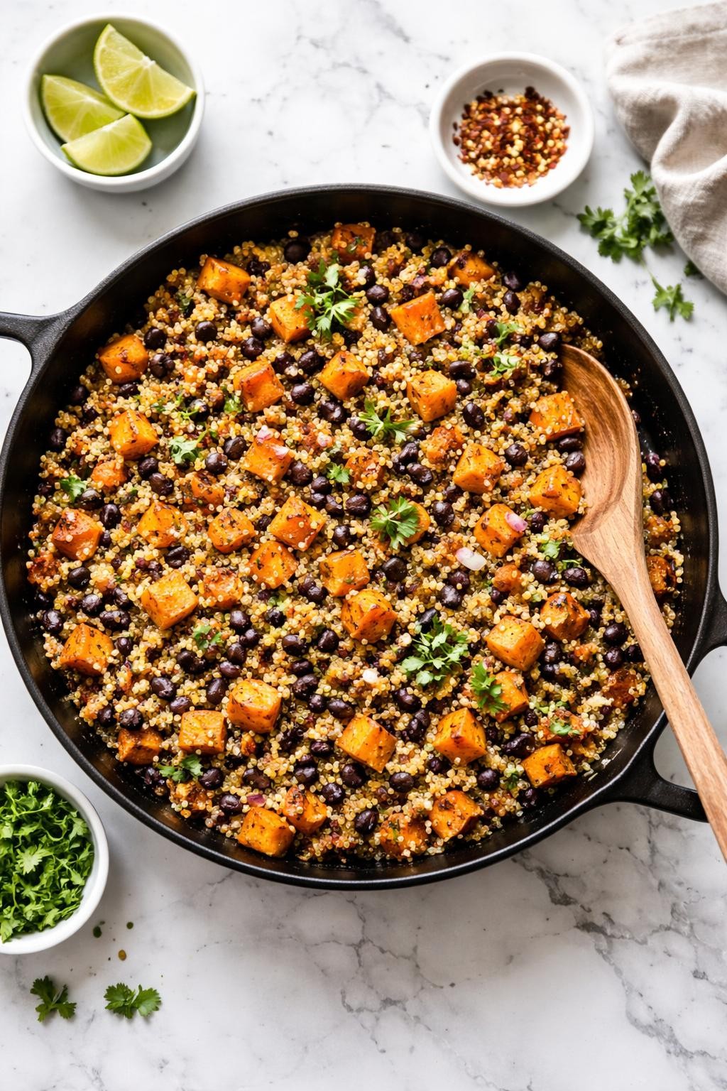 Image Prompt: Top-down realistic food photography of sweet potato quinoa skillet on a clean white marble countertop, fluffy quinoa cooked with tender sweet potato cubes, black beans, onions, and herbs in a simple skillet meal, cozy homemade vegan dinner styling, bright natural daylight, clean editorial composition, high detail, no people, no hands, no text, no watermarks, no props with writing.