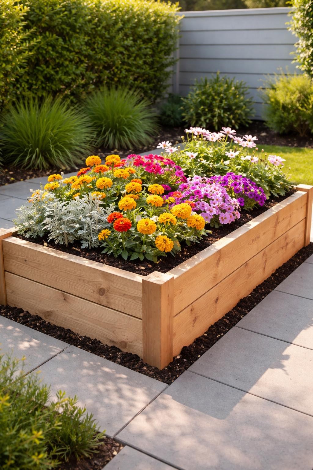 Image Prompt: A small raised flower bed made with natural wooden boards, filled with marigolds, petunias, dwarf cosmos, and dusty miller, fresh soil, compact garden area beside a patio, warm sunlight, clean modern backyard design, realistic photo style, no people, no text, no watermark.