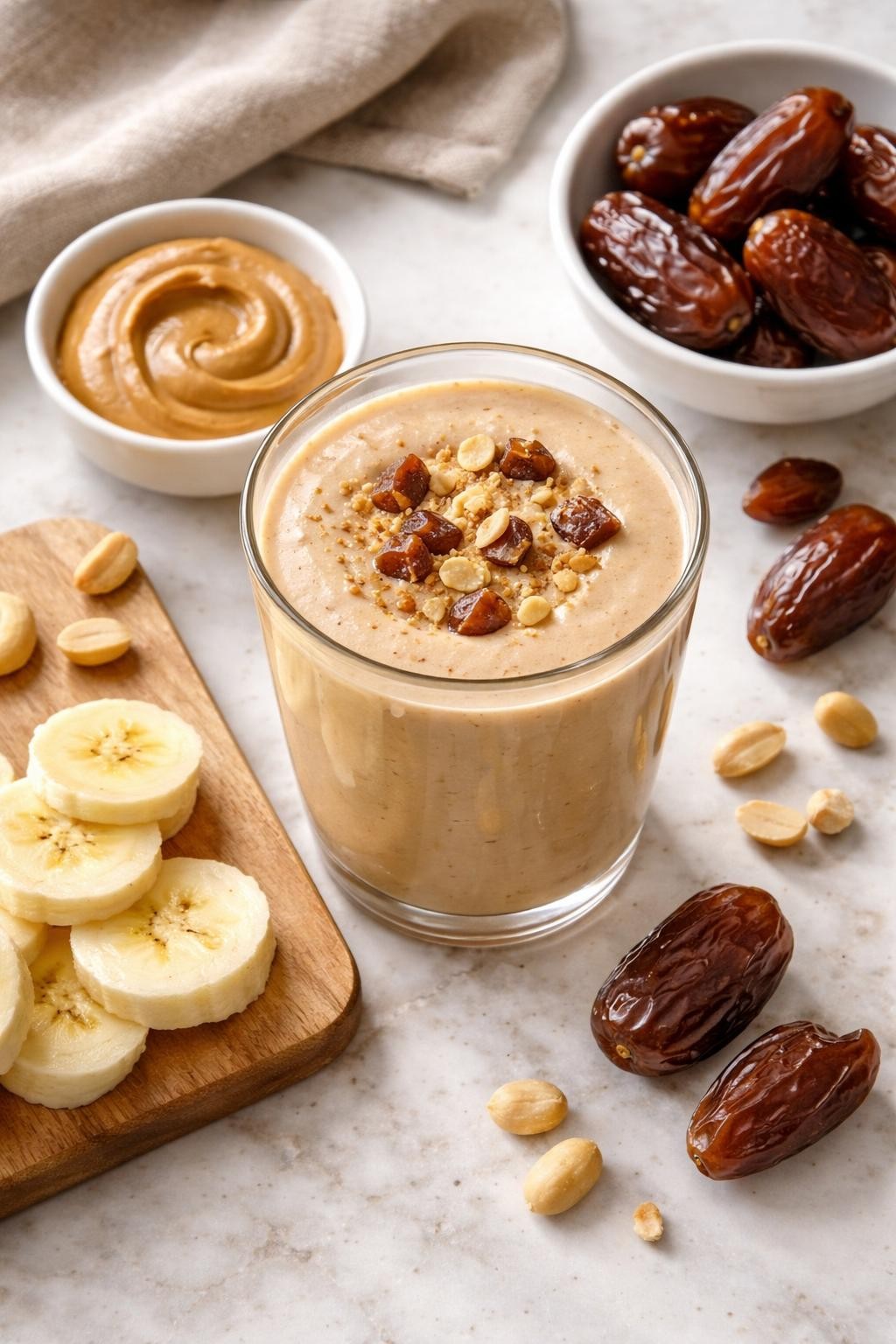Realistic top-down editorial food photography of a peanut butter date smoothie in a clear glass on a light marble countertop. The smoothie is warm tan, thick, creamy, and smooth, styled with pitted dates, peanut butter in a plain dish, banana slices, and a few peanuts nearby. Soft natural daylight, cozy snack smoothie styling, realistic thick texture, high detail, no people, no hands, no text, no watermarks, no props with writing.