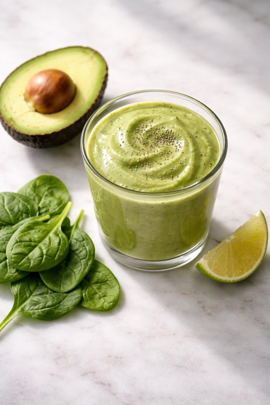 Realistic top-down editorial food photography of a thick avocado green smoothie served in a clear glass on a clean light marble countertop. The smoothie is rich, creamy, and soft green, with sliced avocado, a few spinach leaves, and a small lime wedge arranged neatly nearby. Natural window lighting, soft shadows, clean healthy food styling, realistic creamy texture, no people, no hands, no text, no watermarks, no props with writing.