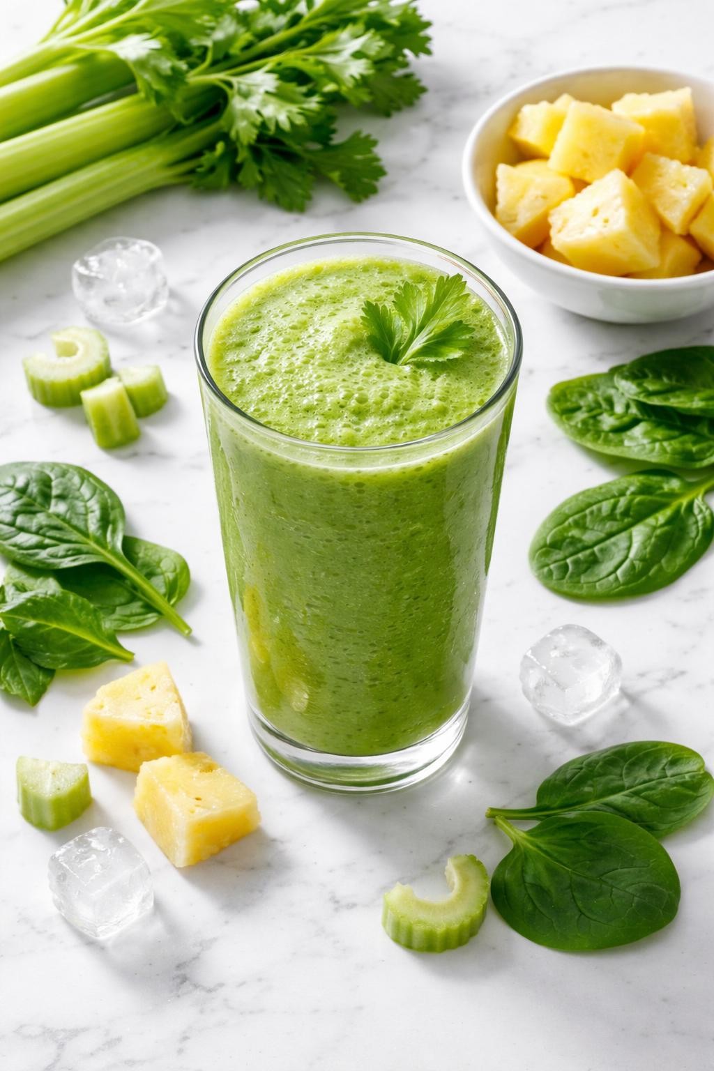 Realistic top-down editorial food photography of a celery pineapple green smoothie in a tall clear glass on a clean white marble countertop. The smoothie is bright green and refreshing, with celery sticks, pineapple chunks, spinach leaves, and ice cubes placed neatly around the glass. Soft natural daylight, crisp clean styling, high detail, realistic smoothie texture, no people, no hands, no text, no watermarks, no props with writing.