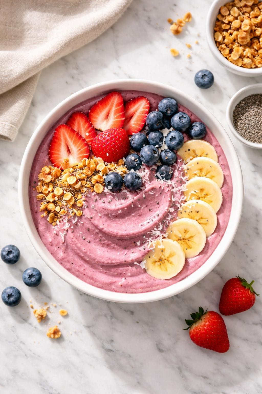 Prompt: A realistic top-down editorial food photography image of a thick low calorie smoothie bowl served in a white ceramic bowl, sitting on a countertop marble table. The smoothie base is soft pink-purple with a smooth swirled spoonable texture, topped with fresh strawberries, blueberries, thin banana slices, a small sprinkle of granola, chia seeds, and shredded coconut. Soft natural morning light, clean composition, fresh light breakfast mood, no people, no hands, no text, no watermarks, no props with writing.